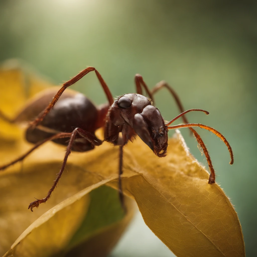 an huge ant on a piece of golden leaf floating in the air