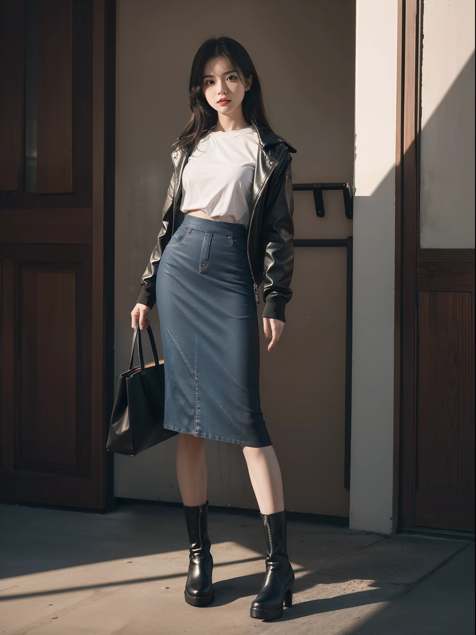 (full bodyesbian:1.5),(1girll:1.3),(view the viewer:1.4),(anatomy correct:1.4),one-girl,full bodyesbian,Stand in a casual position,High-waisted casual suit slip skirt,Wear a skirt on the lower body,Wear boots,Leather boots,Handbag,hyper HD, Ray traching, reflective light, structurally correct, Award-Awarded, High detail, Fade shadow contrast, Face lighting ,Cinematic lighting, Masterpiece, super detailing, High quality, High detail, Best quality, 16k,High contrast,