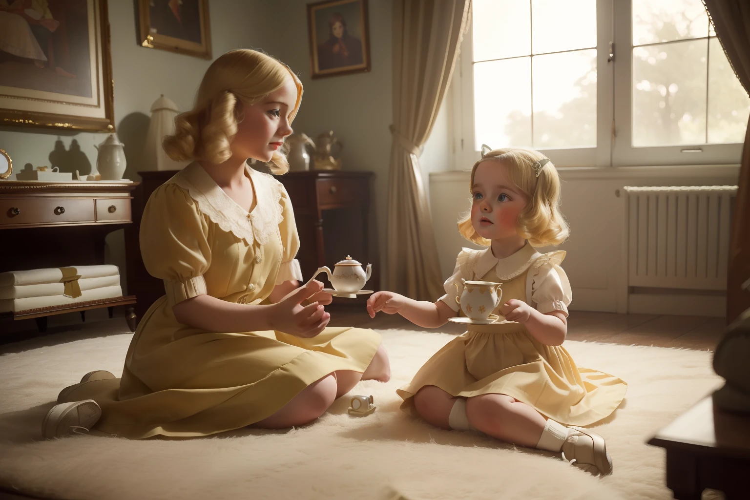 Year: 1939. Location: Memphis, Tennessee. pre-raphaelite -yeld ble girl, playing with her baby sistith a toy tea set in a mansion playroom, ((daylight)), ((1930s rich clothes)) ((1930s hairstyle)) ((in the style of "OMITB")) ((cinematic style))
