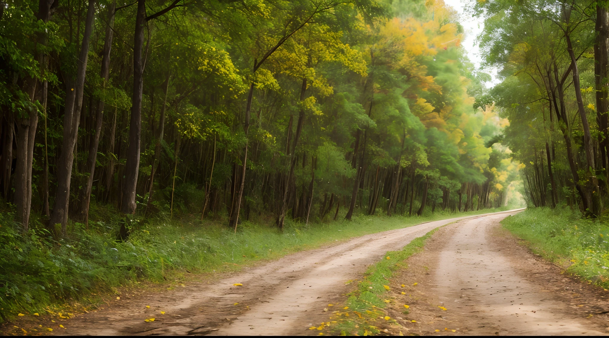 Early autumn afternoon、forest pathway、Dirt paths、Narrow road、Dirt path、Roadside weeds、leaves falling、nut、very real、photo-like、 masterpiece, Best Quality, hight resolution, in 8K