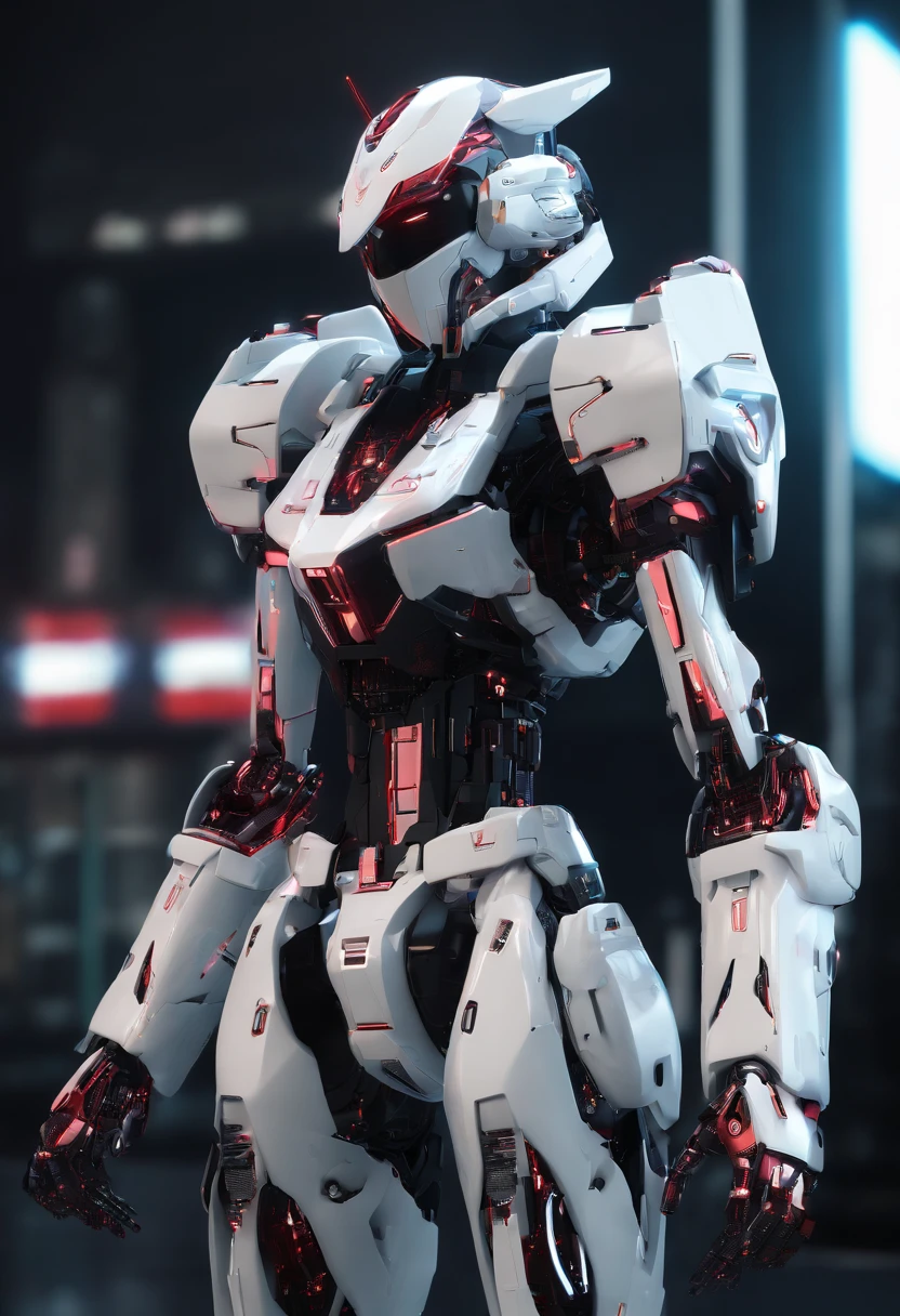 Gundam Mech , Feminine body line,Light equipment,Delicate structure,Science fiction, frontage,Coming to the viewer,Fighting figure, Sense of technology, C4D, OC Renderer, Unreal Engine, high detailing, industrial design, 8K HD, studio lights,Futuristic city night view background(Best Quality,4K,High resolution),Image Color: METALIC RED,White and yellow lines,Cat-motif design,Sharp rounded body lines,The structure of the female body,Patlabor