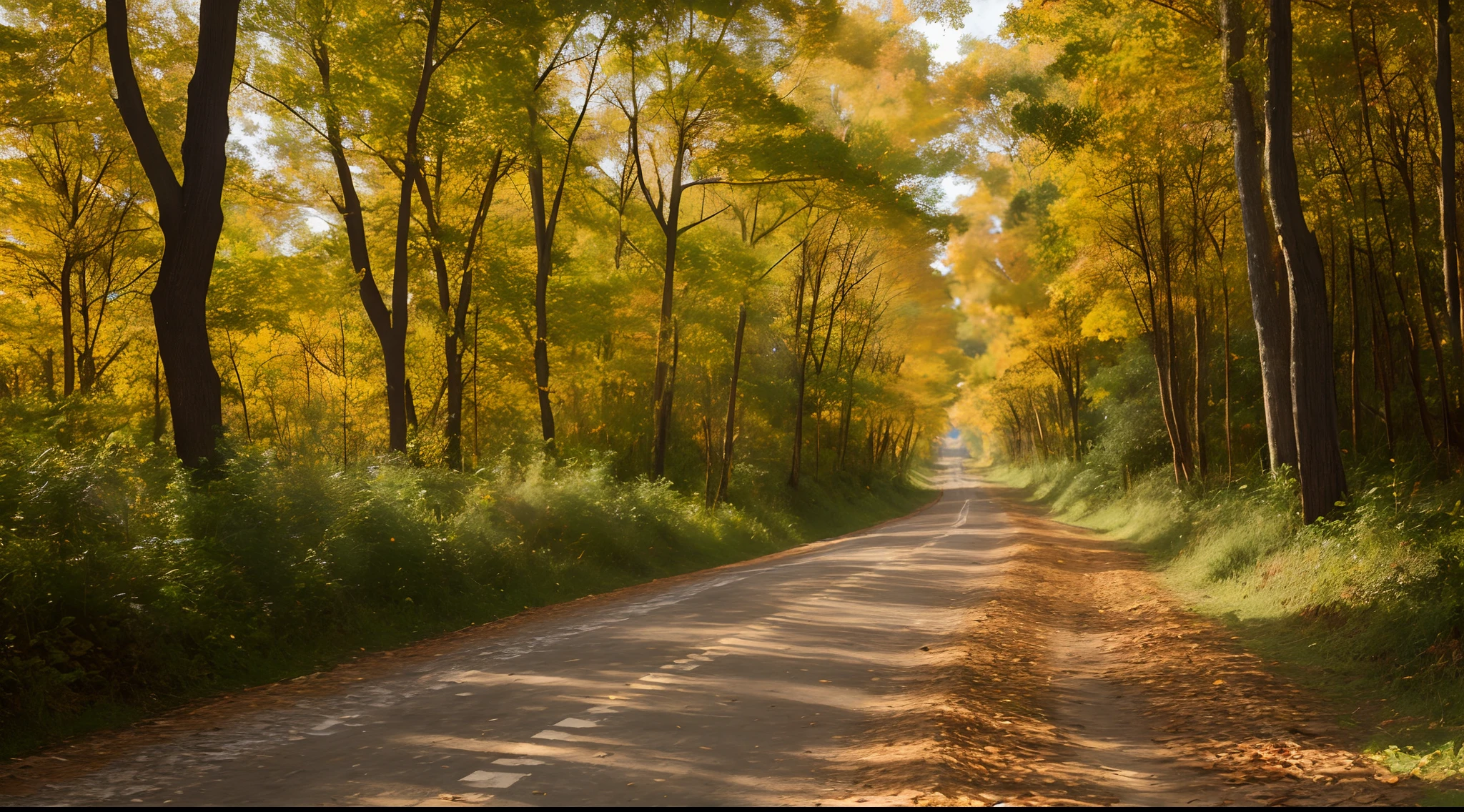 Early autumn afternoon、forest pathway、Dirt paths、Narrow road、Dirt path、Roadside weeds、leaves falling、nut、very real、photo-like、 masterpiece, Best Quality, hight resolution, in 8K