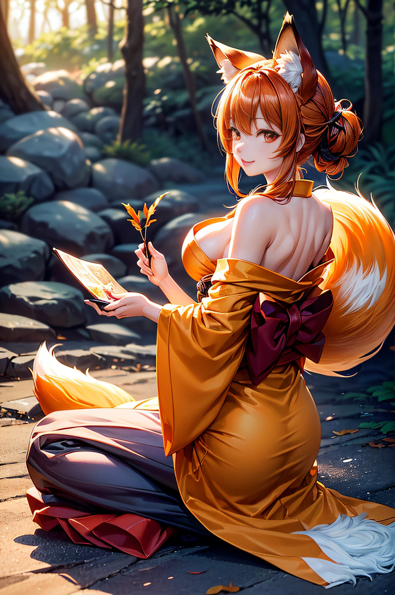 Two-shot photo of a girl and a fox,(Fantasia,Kitsune Yokai Four-Tailed Heavenly Fox,),(Girl and Fox Yokai: The Tale of the Four-Tailed Heavenly Fox),
(With a girl bent down deep in the forest and looking up,Fox Yokai Two-shot movie of a fox protecting a girl's back Poster of the four-tailed heavenly fox),
(natural soft light.)(Sunlight,),(Sunlight,),(Professional Lighting.),
(glossy light brown and orange two-tone color,,Wave Shortcut Hair,disheveled hair,),japanese kimono,Geta,Cute round face red lipstick,A cute smile that makes the viewer happy,
autumn forest,Strong wind soaring over dead leaves
Digital Illustration,
(Photorealsitic:1.3),(Raw photo.),
(masutepiece,top-quality,Ultra-high resolution output image,)
(The 8k quality,),(Image Mode Ultra HD,),(Image Mode Ultra HD,),(SeaArt 2.1:1.3,),Japan Anime Fantasy,
