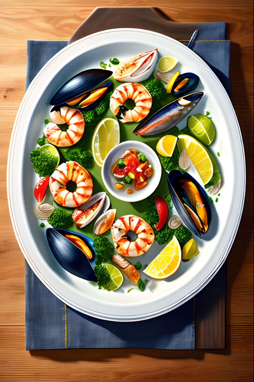A seafood platter with a variety of fresh seafood of mussels and shrimp cocktail, printable --auto