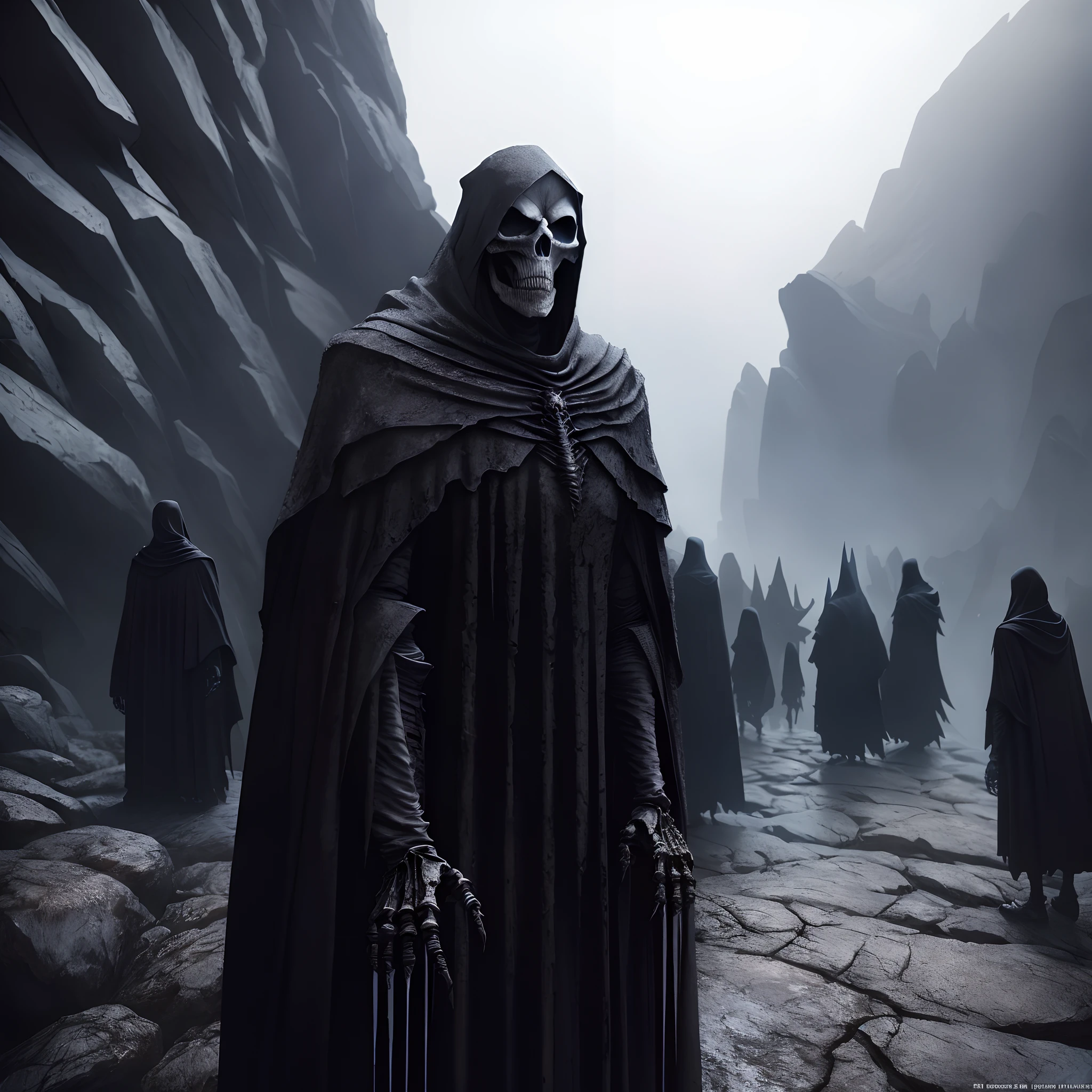 A group of black-robed skeletons walked through the rocky area, Very oppressive，black octane render, fantasy style 8 k octane render, nazgul mandelbulb, dark robed, greg rutkowski octane render, greg rutkovsky. rendering by octane, daily render, (rendering by octane) Fantasy style, photorealistic dark concept art, detailed cinematic rendering, rendering by octane