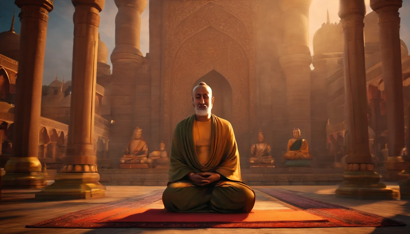 In front of an Islamic mosque、There is a mosque building、Many Muslims worship、Buddha on the cross instead of Christ、Buddha is on the cross、Christ sitting cross-legged、Christ sits with his eyes closed like a Buddha statue
