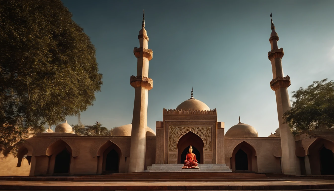 In front of an Islamic mosque、There is a mosque building、Many Muslims worship、Buddha on the cross instead of Christ、Buddha is on the cross、Christ sitting cross-legged、Christ sits with his eyes closed like a Buddha statue