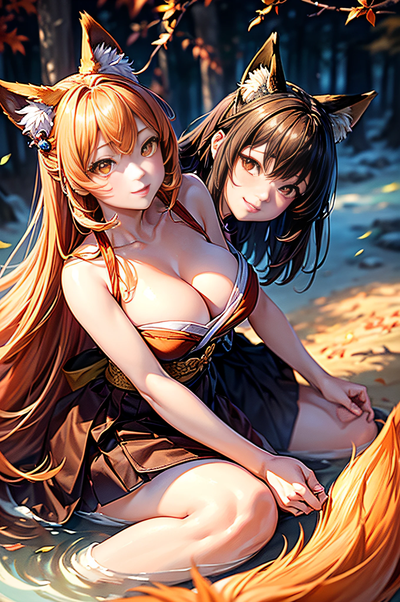 Two-shot photo of a girl and a fox,(Fantasia,Kitsune Yokai Four-Tailed Heavenly Fox,),(Girl and Fox Yokai: The Tale of the Four-Tailed Heavenly Fox),
(With a girl bent down deep in the forest and looking up,Fox Yokai Two-shot movie of a fox protecting a girl's back Poster of the four-tailed heavenly fox),
(natural soft light.)(Sunlight,),(Sunlight,),(Professional Lighting.),
(glossy light brown and orange two-tone color,,,Wave Shortcut Hair,disheveled hair,),japanese kimono,Geta,Cute round face red lipstick,A cute smile that makes the viewer happy,
autumn forest,Strong wind soaring over dead leaves
Digital Illustration,
(Photorealsitic:1.3),(Raw photo.),
(masutepiece,top-quality,Ultra-high resolution output image,)
(The 8k quality,),(Image Mode Ultra HD,),(Image Mode Ultra HD,),(Sea Art 2.1:1.3,),Japan Anime Fantasy,