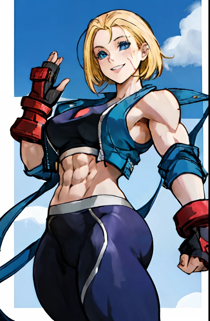 cammy sf6 ,1girl , solo , tank top , yoga pant, abs, short hair , blonde hair , open jacket ,blue eyes , outdoor , standing , smile , happy , upper body , scar on cheeks ,gloves,