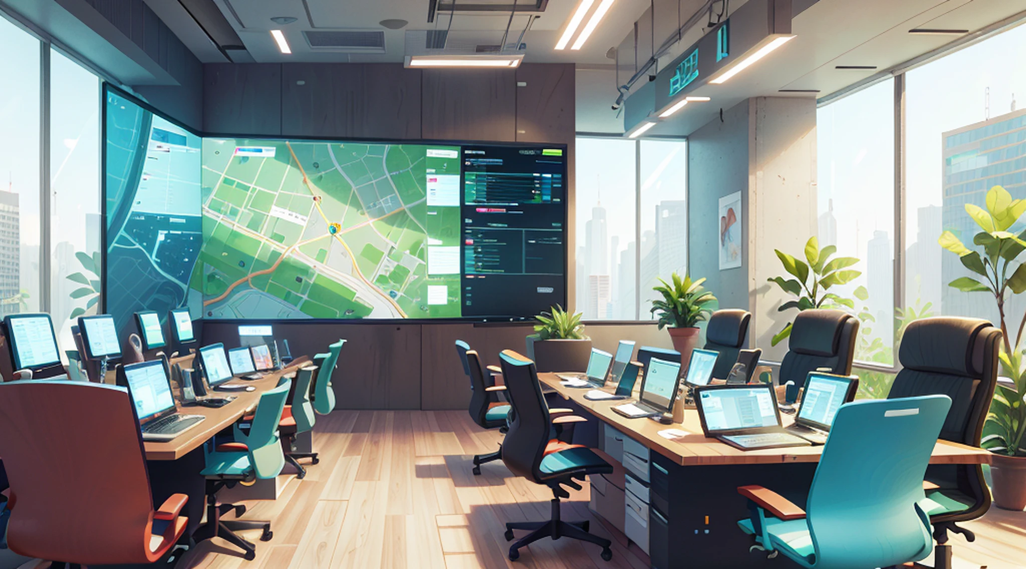 High-tech urban planning center. The meeting room features cutting-edge architecture and futuristic holographic displays. In rows of well-organized maps, data, Push the boundaries of urban design and innovation.