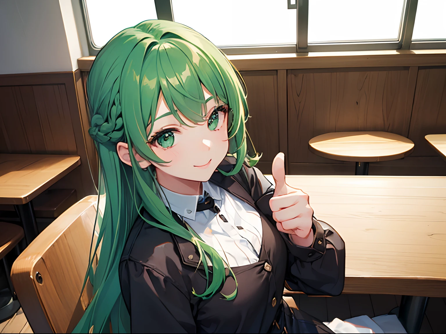 ((1girl in)),fashionable cafe、Girl sitting in seat and operating laptop、 20yr old、(((Green head hair)))、((Thumbs up))、Fashionable、The upper part of the body、front facing、A smile、semi long hair