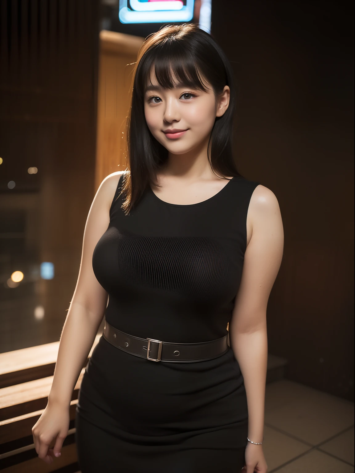 (Raw photo:1.2), (Photorealsitic:1.4), huge filesize, hight resolution, ighly detailed, top-quality, (masterpiece:1.6),(Hyper-realistic: 1.4), ighly detailed, nffsw, finely detail, top-quality, 8k wallpaper,People with Japan,((Girl with clear white skin)),17 age、FULL BODYSHOT、((Chubby build, plump curves, Hourglass-shaped body shape、toned waist、Soft and round features, Adorable appearance, sweet temperament,Enough thighs、large full breasts:1.4))、((Lori face:1.2))、Narrow eyes, cute face, Narrow eyes,((A smile))、((Sauvage、One-length))、((((Sleeveless Black Body Con Dress:1.3))))、((Stand at the end of a narrow alley in the middle of the night、A big city lined with neon-lit Western-style izakayas))、 (Realistic: 1.3), (Smooth lighting: 1.05), (Improved cinematic lighting: 0.9), Realistic lighting, Backlight, Face Light, raytrace, (Whitening light: 1.2), ( Top quality real skins: 1.4), (Body Line Mood Increase:1.1), (Skin Texture Enhancement Beauty:1.1),