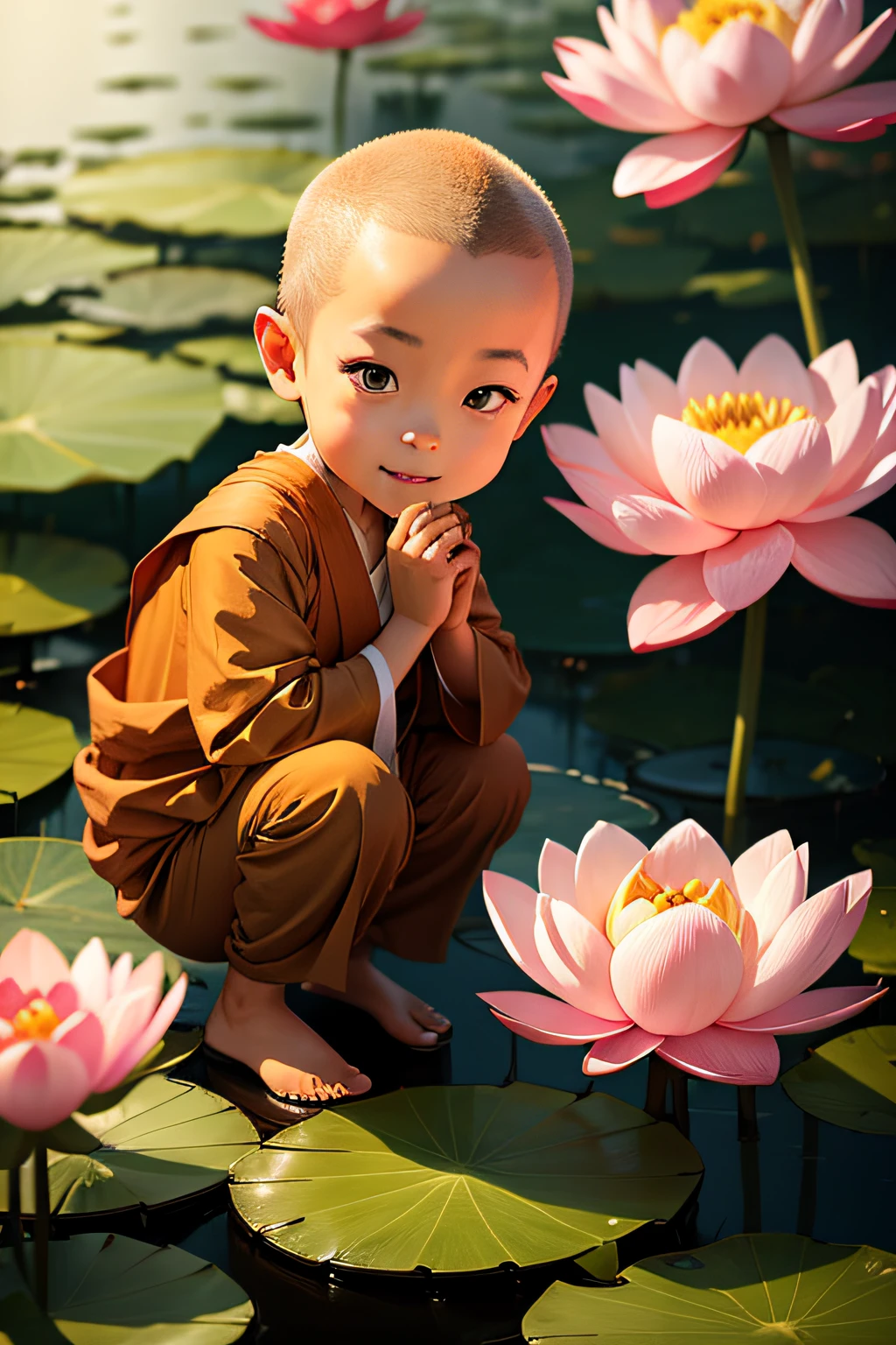 A little monk is happily looking at a blooming lotus flower，1080P，having fun，rejoice