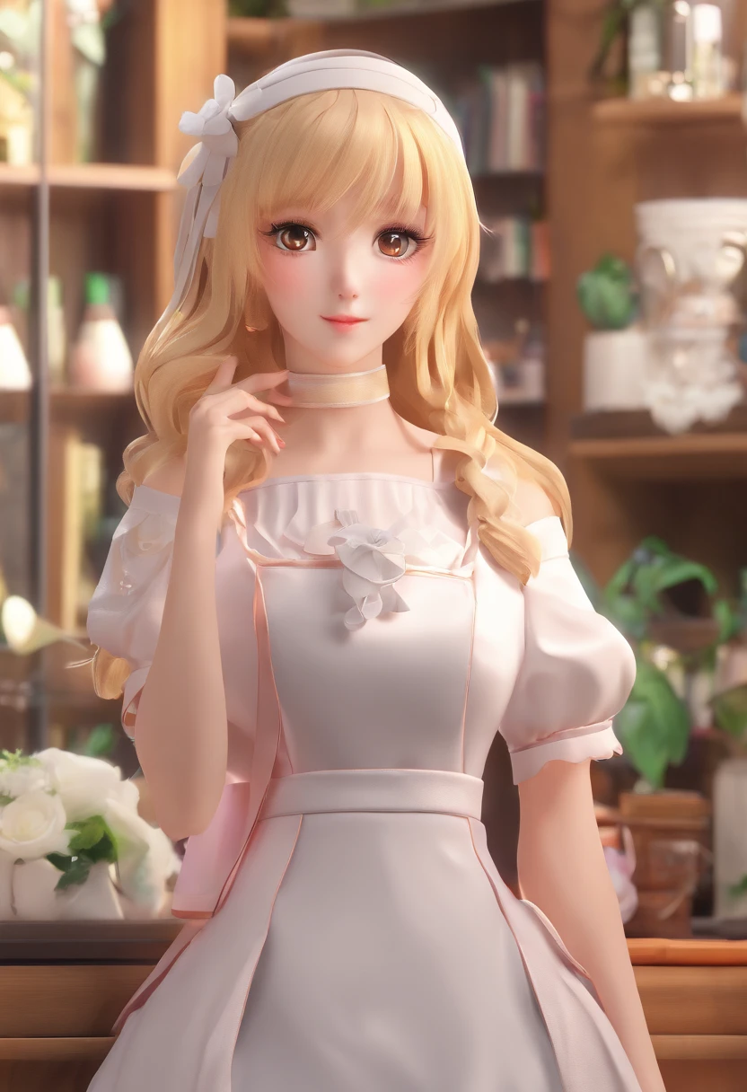 18 year old beautiful girl, big eyes, large breasts, petite and slender, 8K, top quality, (very detailed head: 1.0), (very detailed face: 1.0), (very detailed hair: 1.0), maid clothes, very detailed official artwork, anime moe art style, clean detailed anime art, smile, golden hair, smooth long hair