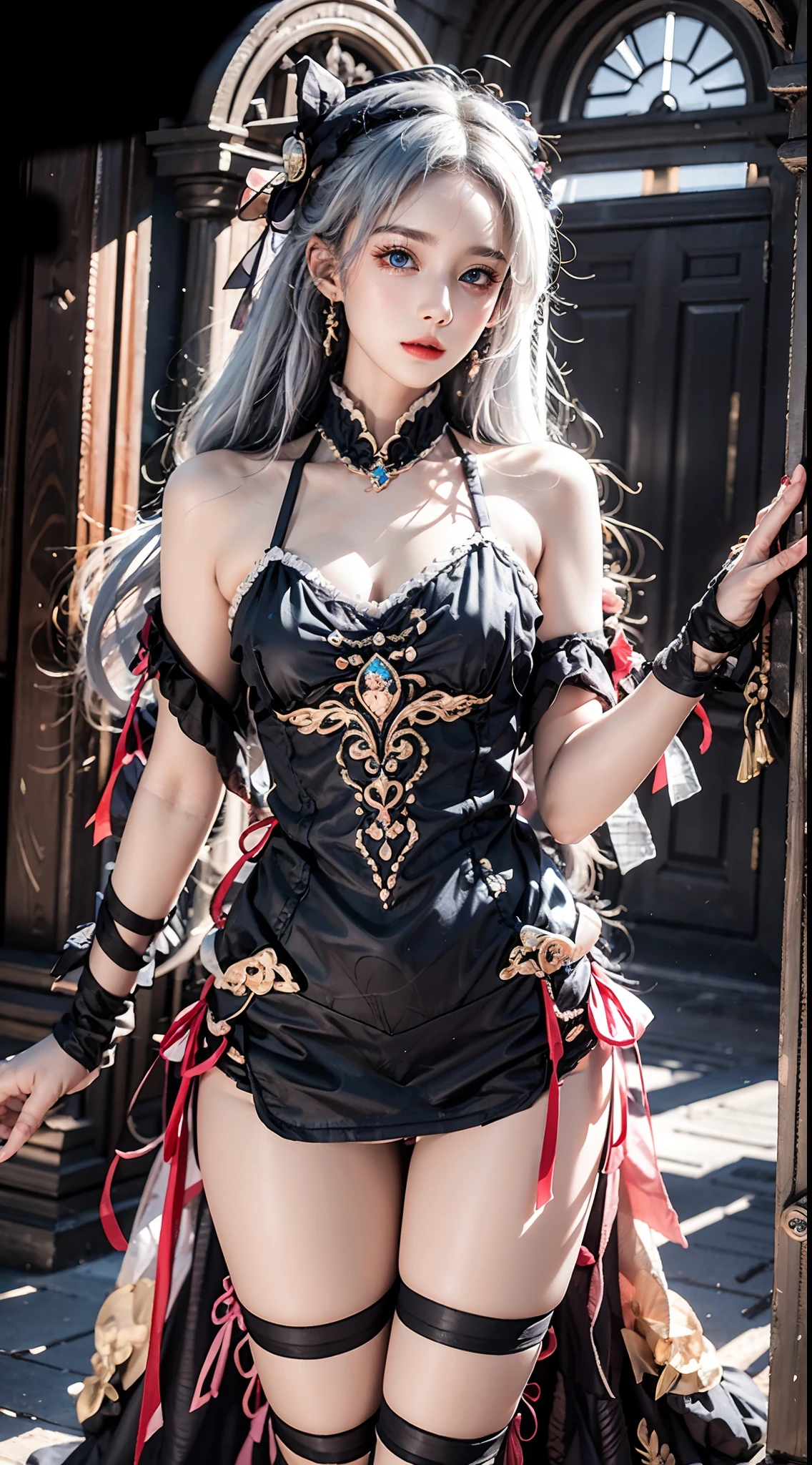photorealistic, masterpiece, photorealistic, high resolution, soft light, hips up, blue eyes, white hair, long hair, black_little_dress, cool dress