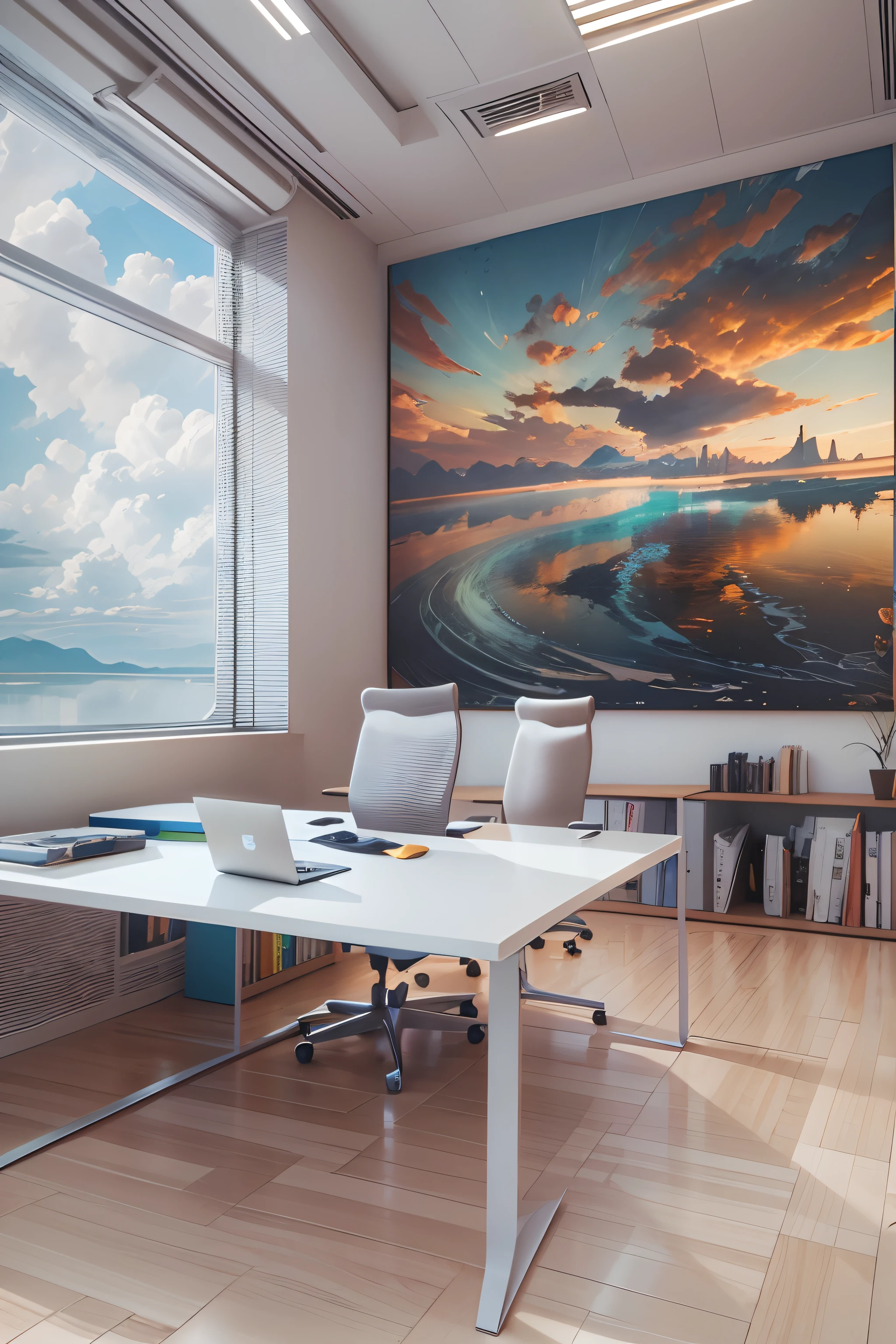 office room,There is a wall in the middle of the office,The painting on the wall is in the middle, Paintings on the walls, skyscape, Large airy windows, Zaha Hadid and Santiago Calatrava landscape panoramic style, Fish, Clear light, Edge lighting, Perfect image, Building summary style, 16k UE5. superfine, 8K, hdr, Product photography, Depth of field, Nikon D850, Ultra-realistic, no contrast, clean sharp focus, professional, No blurring