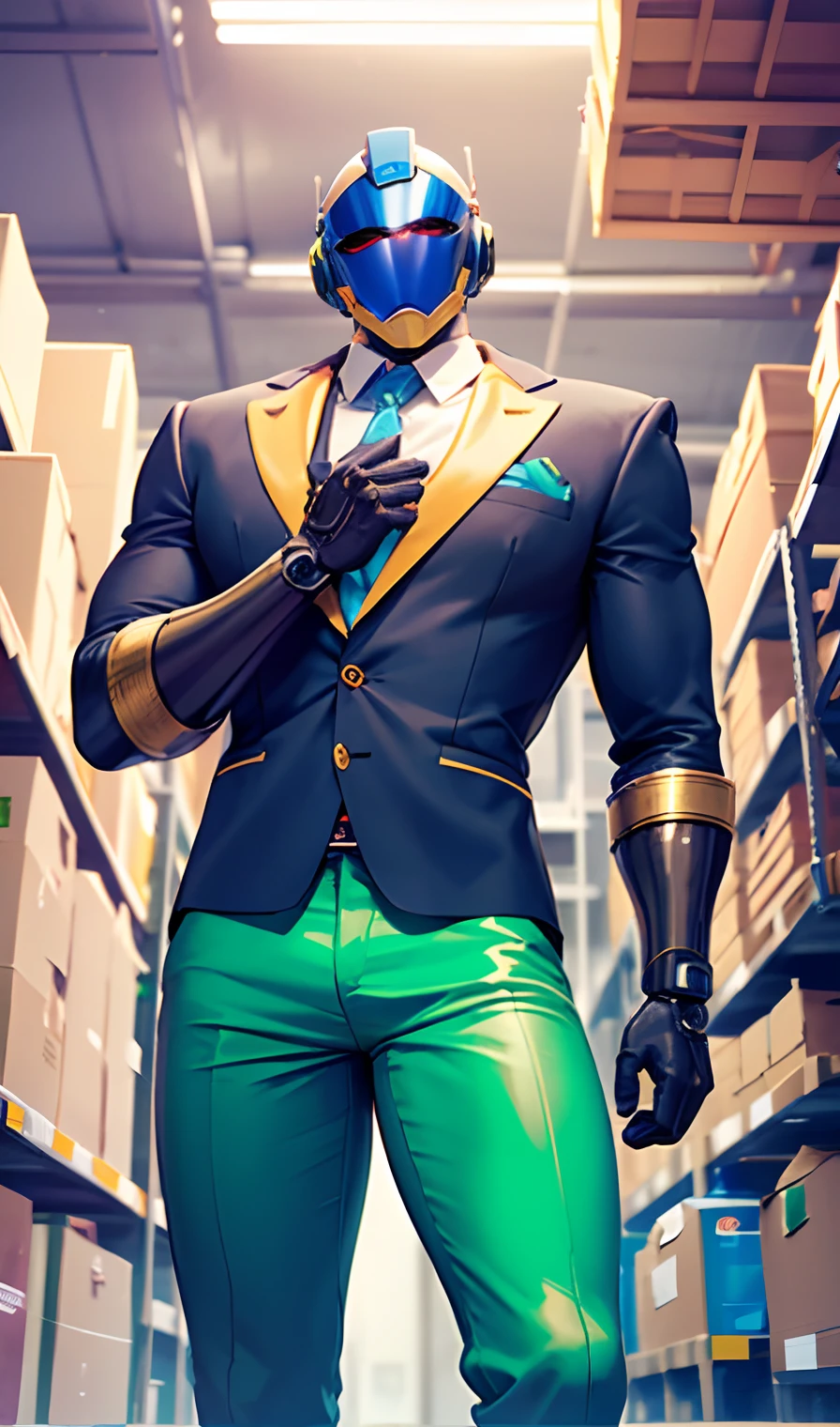 cyborg, robot, male cyborg, muscular male, huge muscle, faceless, yellow helmet covering all of face, cyberpunk style helmet, blue tuxedo outfit, formal, cyborg hands, warehouse background