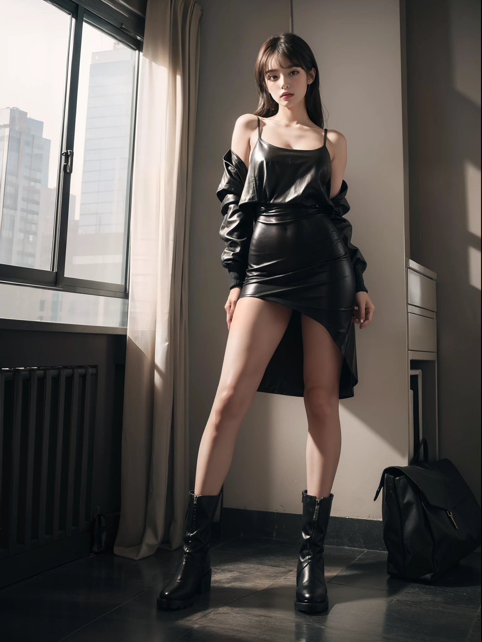 (full bodyesbian:1.67),(1girll:1.6),one-girl,full bodyesbian,Stand in a casual position,High-rise casual suit slip dress,Wear a skirt on the lower body,Wear boots,Leather boots,手拿手提包,hyper HD, High detail, Masterpiece, super detailing, High quality, High detail, Best quality, 16k,High contrast