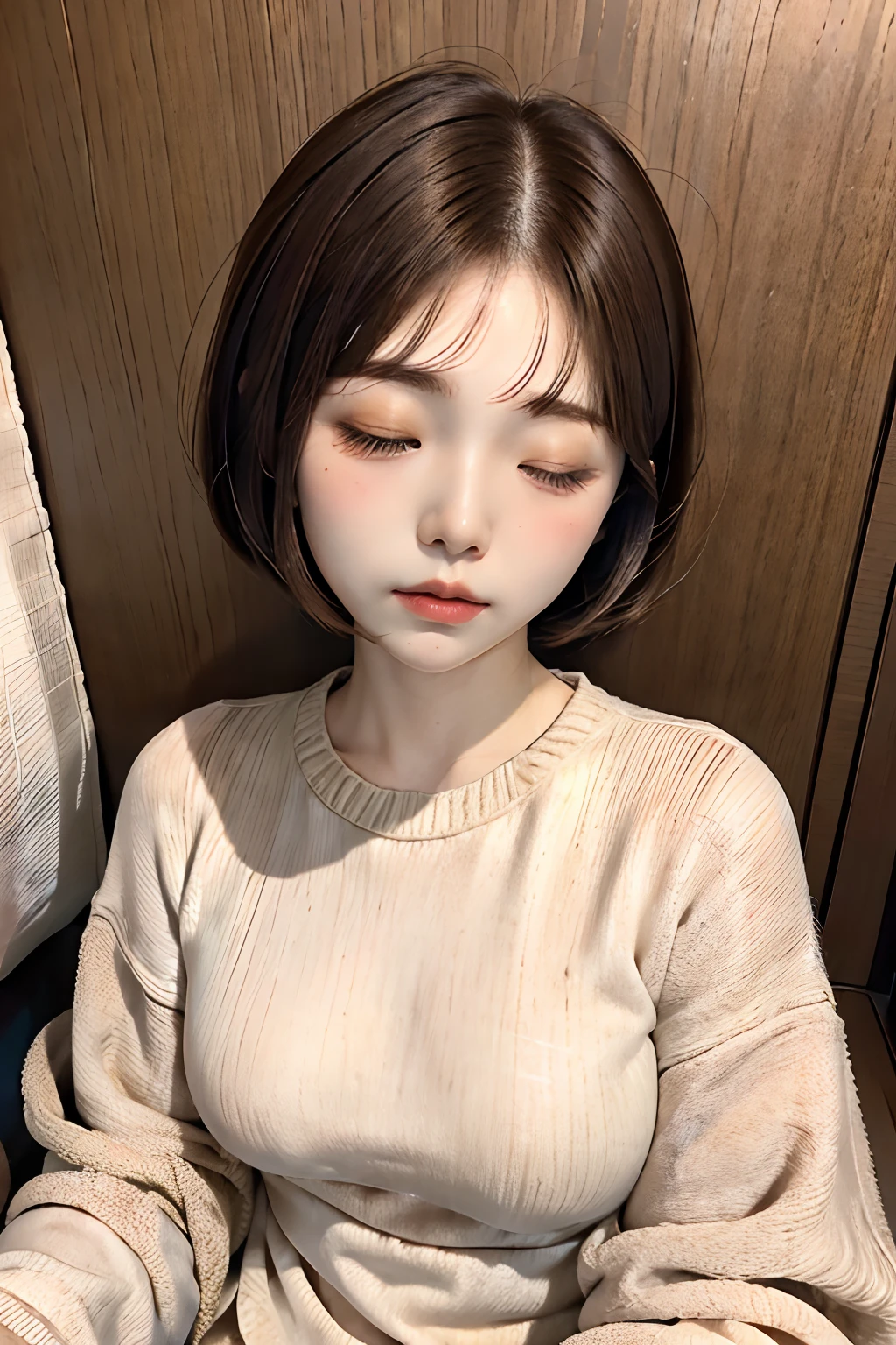 top-quality、masutepiece、独奏、Natural look、brown haired、(((a short bob、dishevled hair:1.1、Sleeping habits)))、Long sleeve sweatshirt