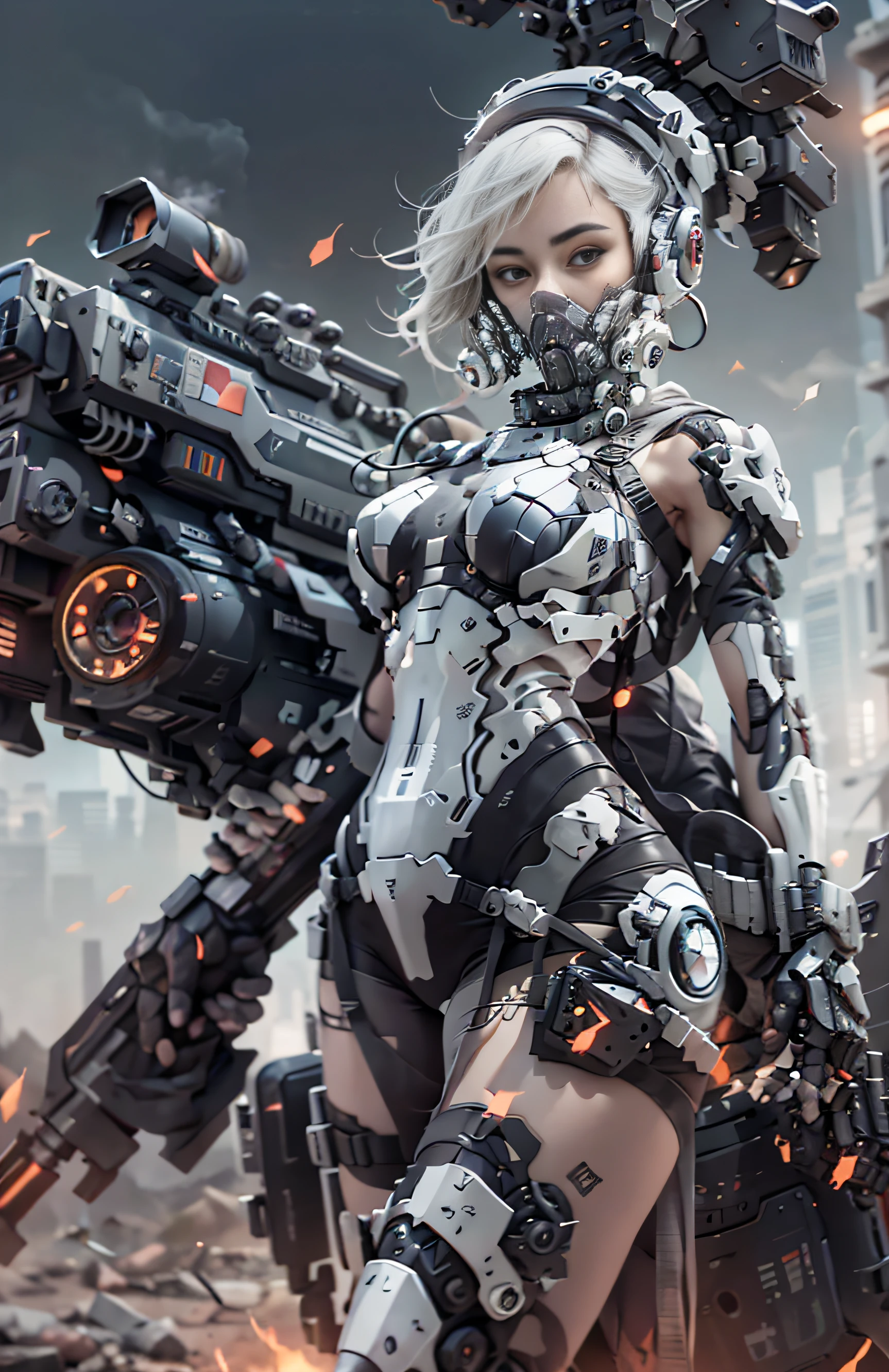 This is a hyper-detail、Ultra-high facial detail，High resolution and top quality CG Unity 8k wallpaper，Photorealistic, high resolution, Solo, Hips up,The style is cyberpunk，Mainly black and red。In the picture, A tall beautiful girl appears，with short white hair，s delicate face，Wearing a steam mech，standing on ruins，The action of a woman holding a heavy sniper rifle in her hand