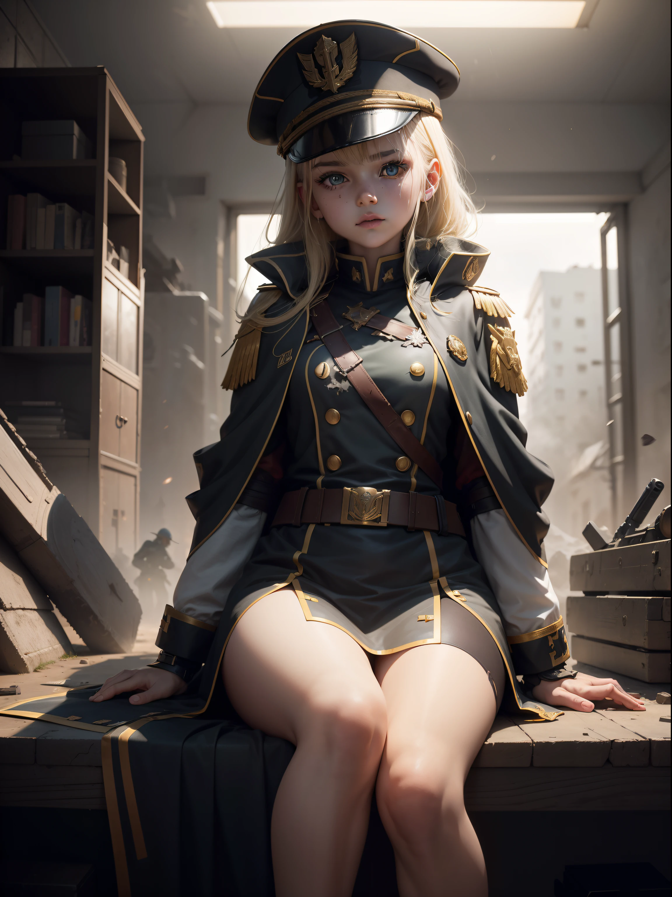 Destroyed towns,3 Ukrainian girls , Ukrainian anime girls , , Ukraine , Full body composition of young girl with messy bright blonde hair, eye make up, , Soft lighting, Solo, Old torn dirty shabby futuristic military uniform, badges, Pose, Blotch color, Octane Render, Hyperrealistic intricate detail, Cinematic, 8K resolution, 70mm, Accent Lighting, Global Illumination, Full body portrait, clean detailed faces, intricate clothing, Cute face, flat chest, Slim waist, Slim legs, small hips,Major's uniform,Major's hat,Holding a handgun,Long jacket,Carrying a cloak,actionpose,Sitting in the General's Chair,