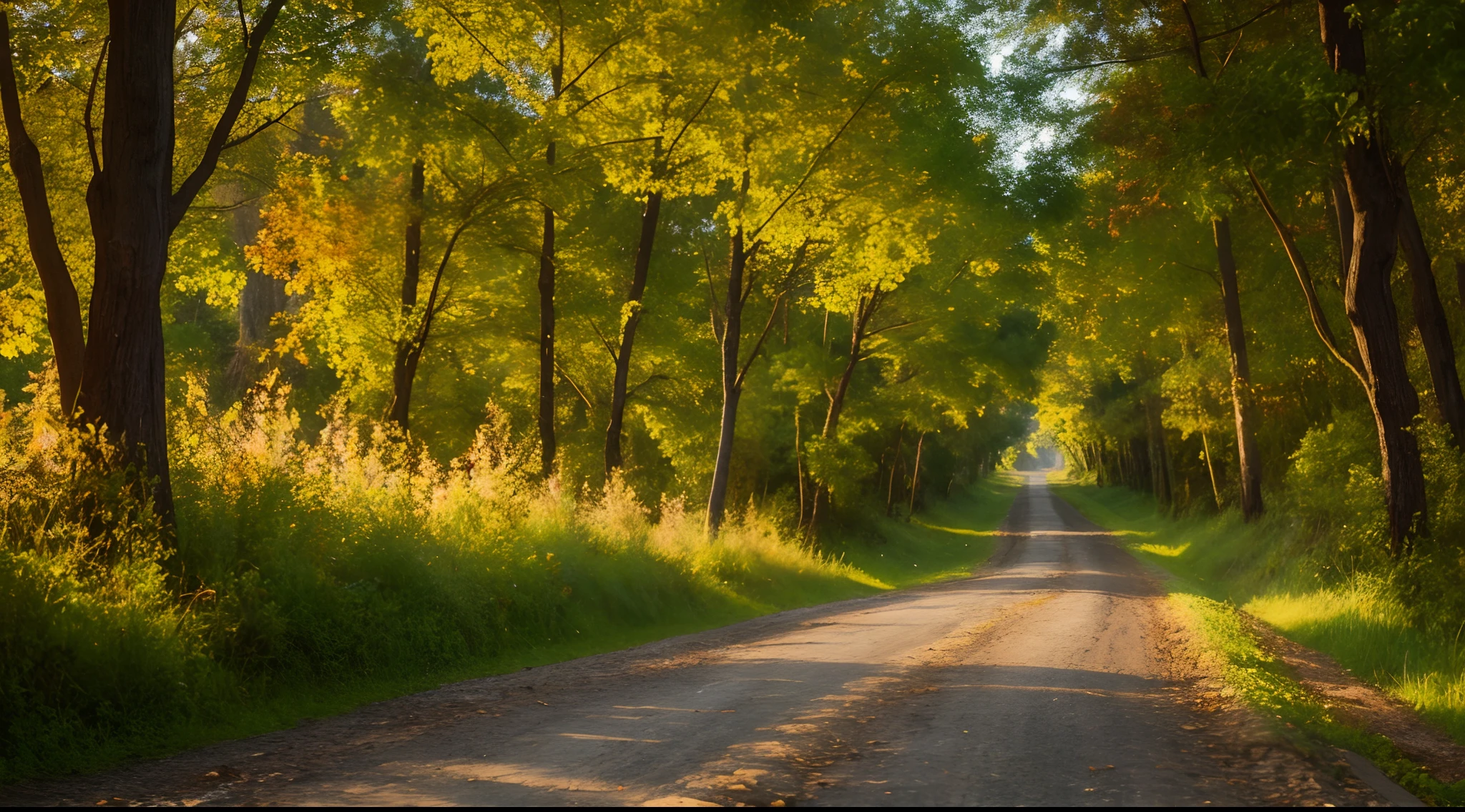Early autumn evening、forest pathway、Dirt paths、Narrow road、Dirt path、Roadside weeds、leaves falling、nutty、very real、photo-like、 ​masterpiece, Best Quality, hight resolution, in 8K