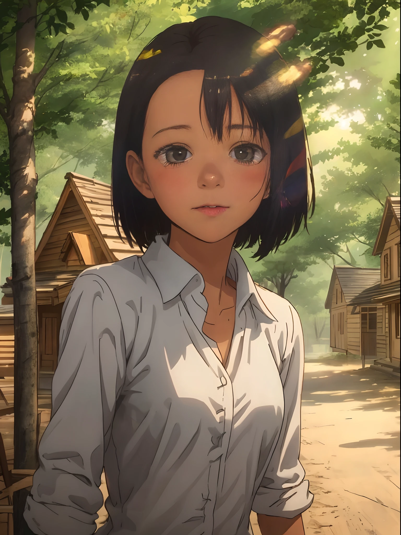 ((-teen girl)), nufull body photo, very light skin, short hair, forest, wooden houses, sunset, photorealistic, indirect lighting, volumetric light, ray tracing, hyperdetailed