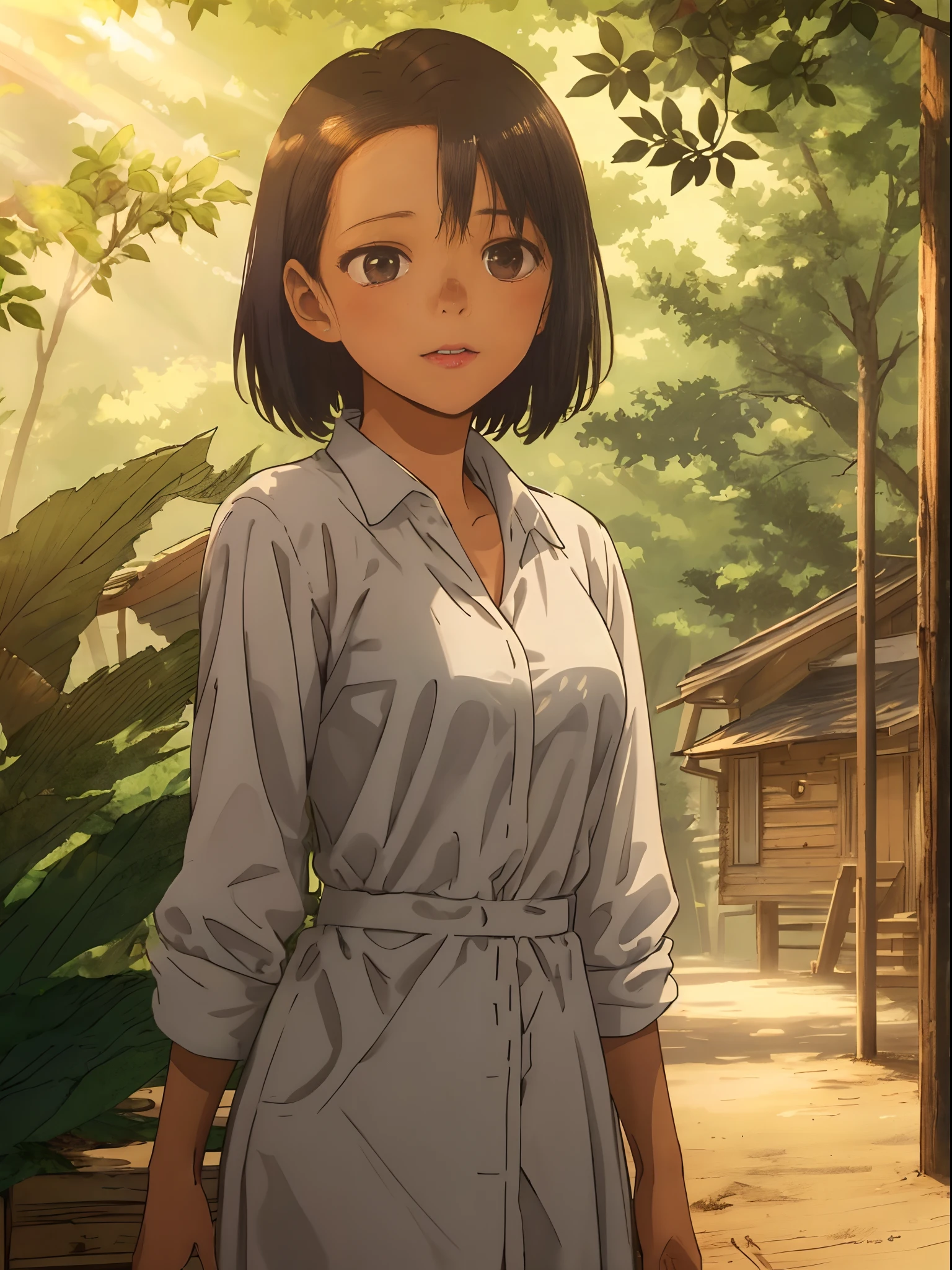 ((-teen girl)), nufull body photo, very light skin, short hair, forest, wooden houses, sunset, photorealistic, indirect lighting, volumetric light, ray tracing, hyperdetailed