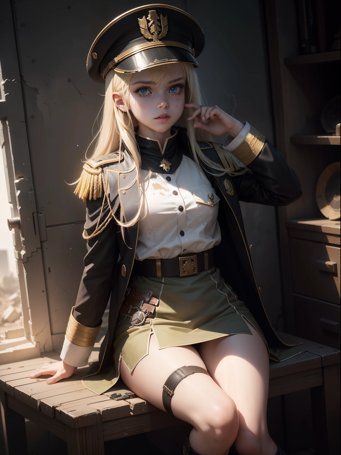 Destroyed towns,3 Ukrainian girls , Ukrainian anime girls , , Ukraine , Full body composition of young girl with messy bright blonde hair, eye make up, , Soft lighting, Solo, Old torn dirty shabby futuristic military uniform, badges, Pose, Blotch color, Octane Render, Hyperrealistic intricate detail, Cinematic, 8K resolution, 70mm, Accent Lighting, Global Illumination, Full body portrait, clean detailed faces, intricate clothing, Cute face, flat chest, Slim waist, Slim legs, small hips,Major's uniform,Major's hat,Holding a handgun,Long jacket,Carrying a cloak,actionpose,Sitting in the general's chair,