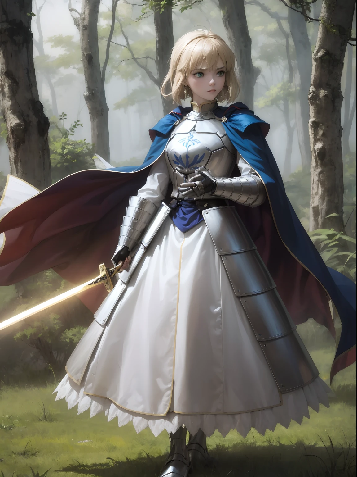 1girll，A face，short detailed hair，Artoria，king arthur，King of Britain，FATE series，Knight King，medieval times，Majesty，((Bright blonde hair))，Stand on the grass，Golden sword，The sword is in the middle of the picture，Close-up of the sword，Plug it into the ground，Sword in both hands，ln the forest，Serious expression，Heavy sterling silver armor，Sterling silver leg armor，Sterling silver armour，Dark blue heavy cape，Fur edges，Huge dark blue round battle skirt，Gold lace，Coiled hair，Poor milk，Green eyes，Solitude，A half body，(超高分辨率)，(Ultra-high sharpness)，tmasterpiece，品质最佳