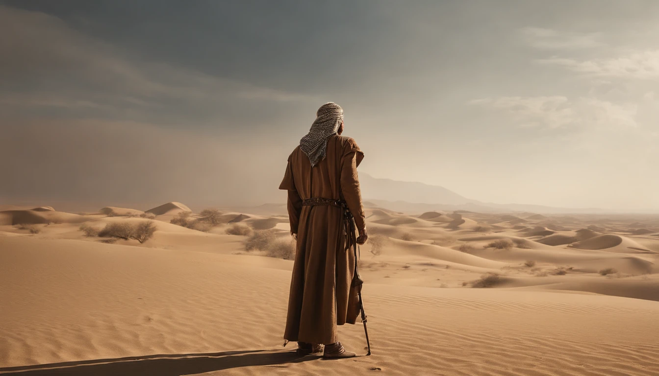 Hooded man walking in desert, Hold one hand with the staff, On the background of the sky, portrait of bedouin d&D, Still from the live-action movie, supervision: by Etienne Delessert, IMAX photography, james gurney and andreas rocha, 2020 Dune Movie, medium shot of two characters, Danube, Sony Photos, 4K still images, Video images of biblical prophets, He looked up to heaven,、I cry out to God to make him listen, Warm earthy tones, And deep shadows, It is a sensible expression, - V5 - Stylize 1000, The prophet of the Bible cries out to God for the lives of his people, masterpiece, intricate detailes, cinematic, Biblical prophets look up to heaven, Beautiful blue sky with one cloud, Located in the Sinai Desert, on a hill, In the background is a desert and a small biblical village, 50-year-old biblical character, in desert: Epic Realistic, Soft Cinematic Portrait, adobe lightroom, photographic lab, ighly detailed, faded, arte De greg Rutkowski e artgerm ,neutral colors: 1,2), (nffsw: 1,4) , (Soft colors:1.2), Hiperde Tarhad, (art stations:1.4), cinematic, warm light, Dramatic light, (intricate detailes:1.1), the complex background, (rutkowski:0.66), (blue and orange:0.4), cinematic, Looking up at the sky in a brown robe, (((perfect eyes, expresive))), 8K, look up to, Still blue sky, ((the perfect appearance, expresive))), (((Only one man))), ((short gray beard and short gray hair,)), look up sky, (((perfect eyes)) Spectacular images, movie, Cinematic 8K, Half-body image, American Plan, He is alone、His eyes are staring at the blue sky with clouds, (((A detailed eye, Very sharp, expresive))) ((has a short beard and short gray hair)), 8K, cinematic, masterpiece, (((ember))), ((((Alone in the desert)))), Perfect and expressive eyes, It's just a guy and、It's one person,