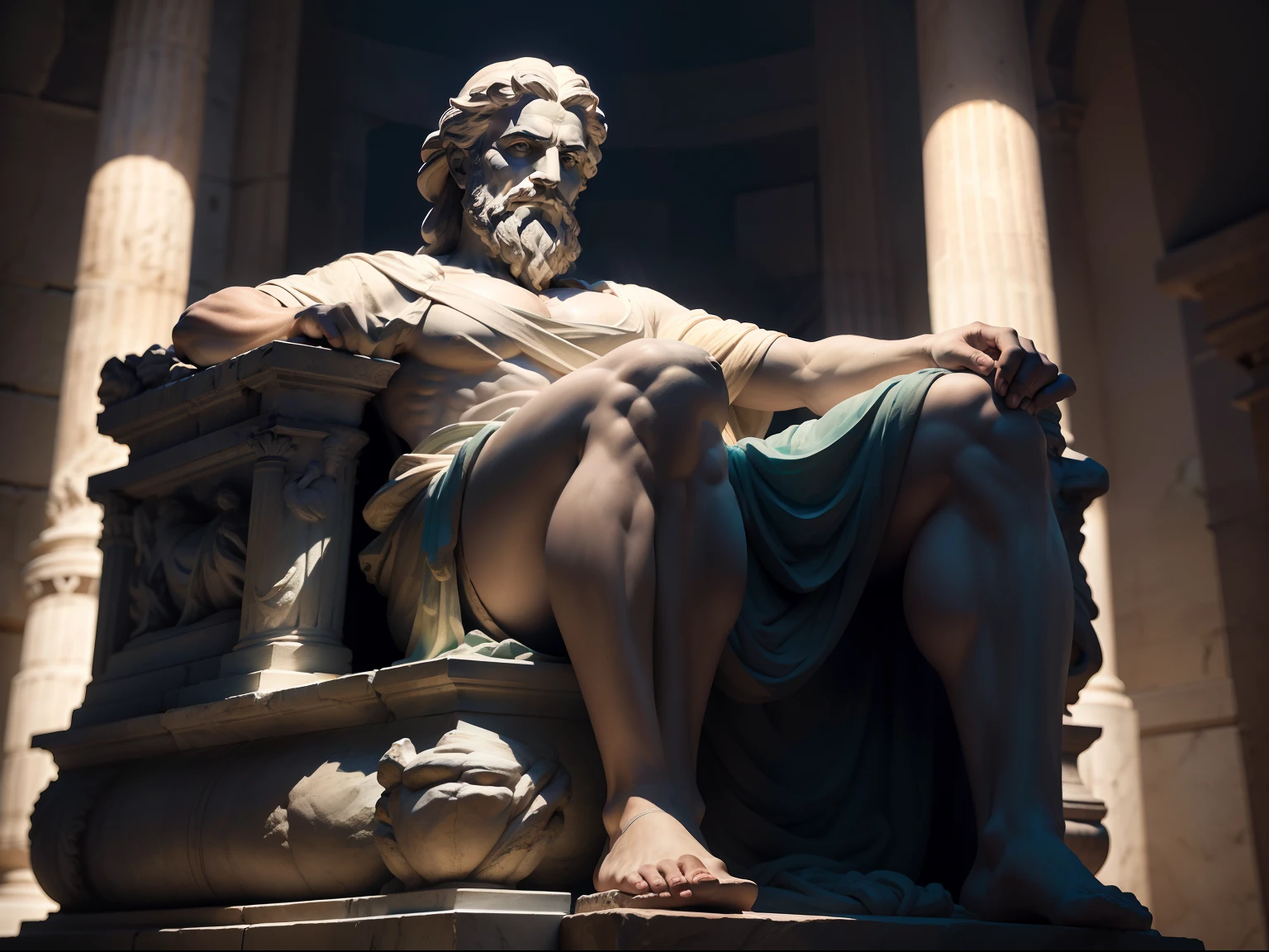 Create an awe-inspiring 8K image portraying a Greek philosopher from the 3rd century BC, immortalized as a statue. Set the scene in a dark and mysterious ambiance, with the figure of the philosopher blurred but enigmatically illuminated by epic lighting and shadows. The resulting image should exude the aura of profound contemplation and wisdom.