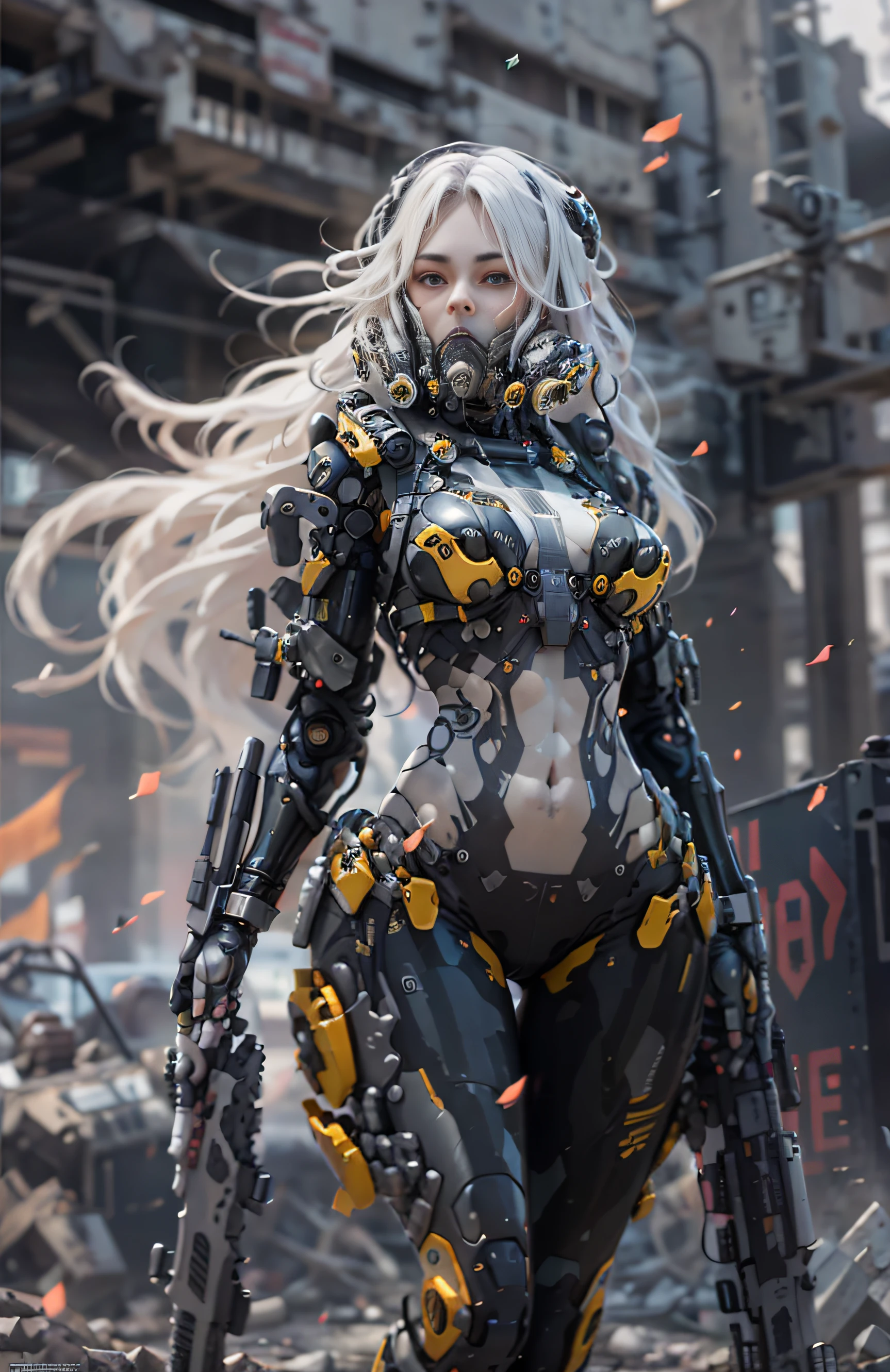 This is a hyper-detail、Ultra-high facial detail，High resolution and top quality CG Unity 8k wallpaper，Photorealistic, Solo, Hips up,The style is cyberpunk，Mainly black and red。In the picture, A tall beautiful girl appears，long  white hair，s delicate face，Wearing a steam mech，standing on ruins，The action of a woman holding a heavy sniper rifle in her hand