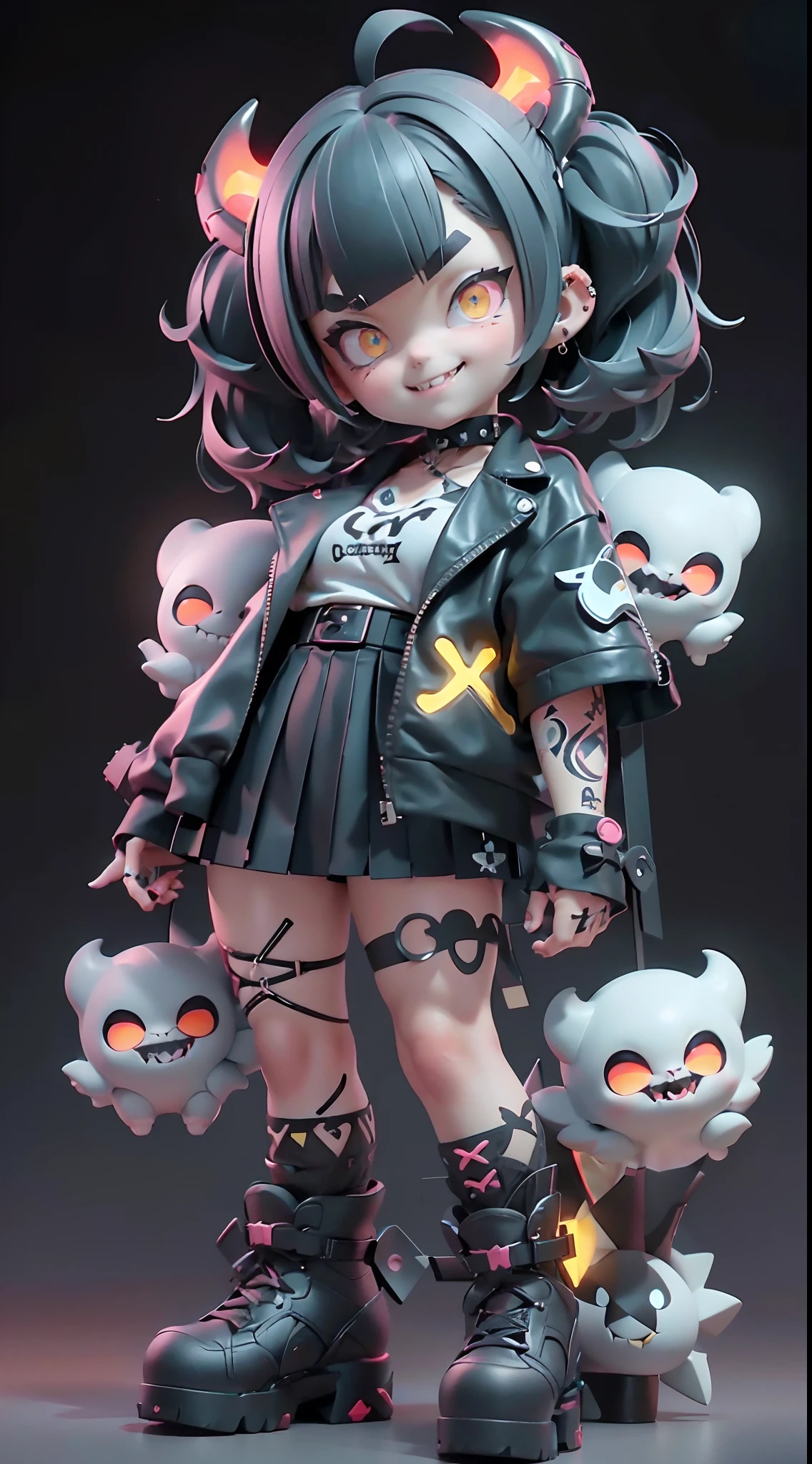 Cute little girl wrapped in clear plastic, Chibi, vivid blue hair, ((Medium short hair)), ((messy Hair)), (Short hair), (((Unkempt hair))), ((big sized short twin tails)), ((diagonal bangs)), Yellow eyes, slant eyes, ((X-shaped pupils)), ((thick eyebrows)), fangs out, open mouth, (((grin smile, fangs))), ((black short sleeve shirt)), ((black pleated short skirt)), spike choker, spike leg ring, black shoes, yellow belt, huge breasts, ((without jacket)), lots of piercings, (vivid Color), tattoos, Simple and light background, 3D toy, Cyberpunk style, cinema4d, Octane Render, 3Dmodel, Collectible toys,nendoroid,Street style,Pixar,Big shoes , fashion trend, close-up, yellow and black theme, Full Body --ar 2:3 --niji 5 --q 2 - s 100 - expressive style --s 2