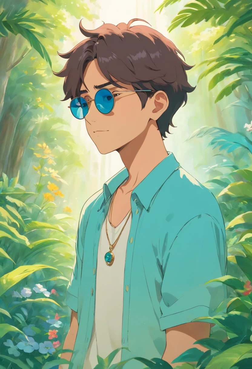 Boy with sunglasses on his head、Long necklace、 In the style of a tranquil garden landscape, colorful animation stills, aquamarine, paul gauguin,Embry style, Honest portrayal