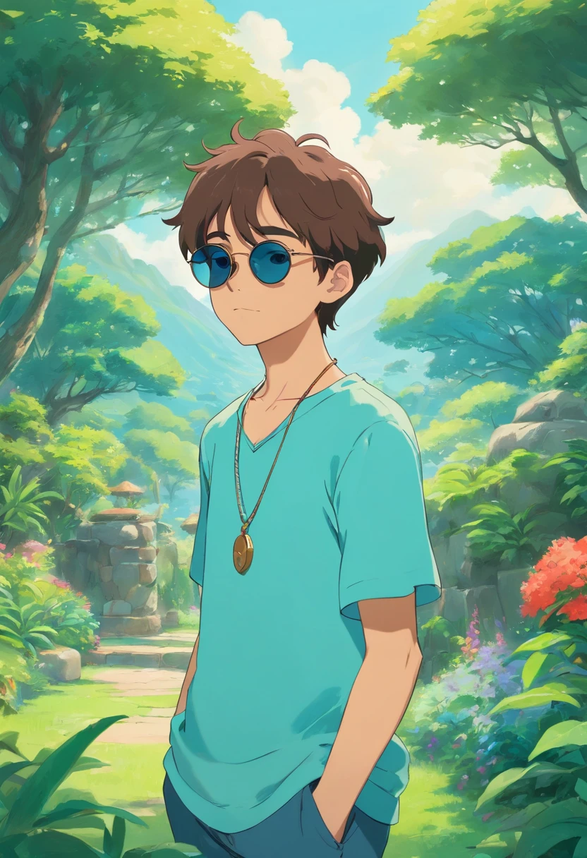 Boy with sunglasses on his head、Long necklace、 In the style of a tranquil garden landscape, colorful animation stills, aquamarine, paul gauguin,Embry style, Honest portrayal