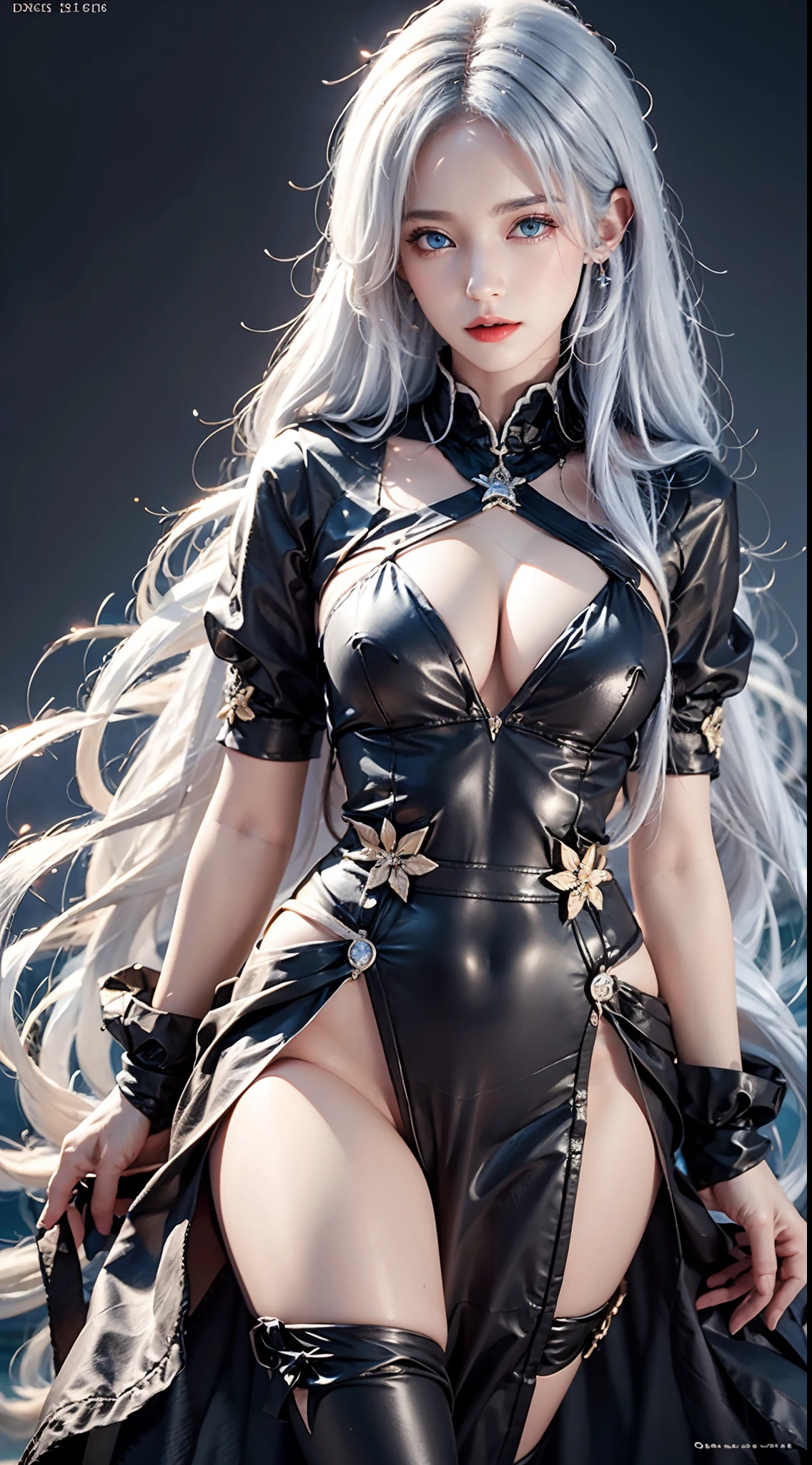 photorealistic, masterpiece, photorealistic, high resolution, soft light, hips up, blue eyes, white hair, long hair, black_little_dress, cool dress