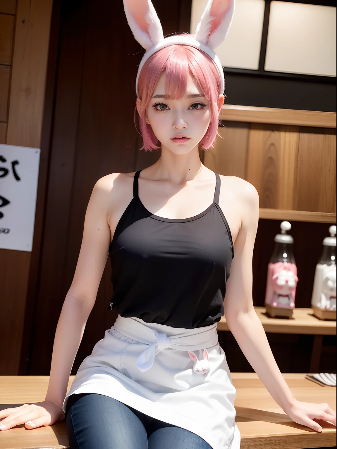 Ramen shop、Japan noodle shop、Black tee shirt、Tight jeans、White front cover、White apron wrapped around the waist、Pink Shortcut Bob、Realistic rabbit ears、Realistic ears of rabbits sticking out of the head、Pink hair、Bewitching atmosphere、Beautiful shaped hands、K-POP、Pink rabbit ears、1 girl in、独奏、masterpiece、top-quality、realisitic、Hyper-detailing、(Glossy skin:1.4)、absurderes、short pink hair、Slender beauties、动态照明、hight resolution、foco nítido、depth of fields、(thick thight:1.0)、A slender :1.2、((Short-cut bob hair))、((k pop:1.3))、Highly detailed facial and skin texture、((魅惑的))、Anatomically correct number of fingers、Correct anatomy、