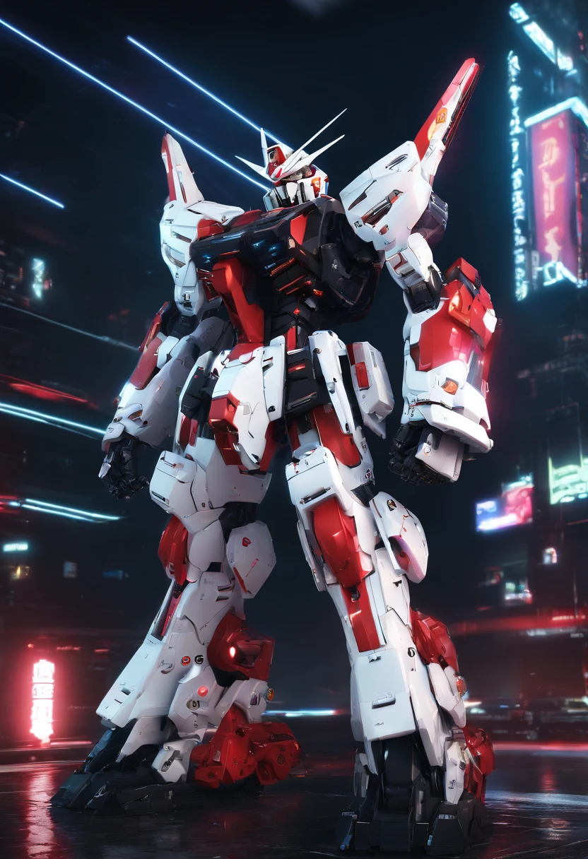Gundam Mech , Feminine body line,Light equipment,Delicate structure,Science fiction, frontage,Coming to the viewer,Fighting figure, Sense of technology, C4D, OC Renderer, Unreal Engine, high detailing, industrial design, 8K HD, studio lights,Futuristic city night view background(Best Quality,4K,High resolution),Metallic Color: Red,A black,Light emission,Real Mecha,Sharp rounded body lines,Feminine body structure,Patlabor