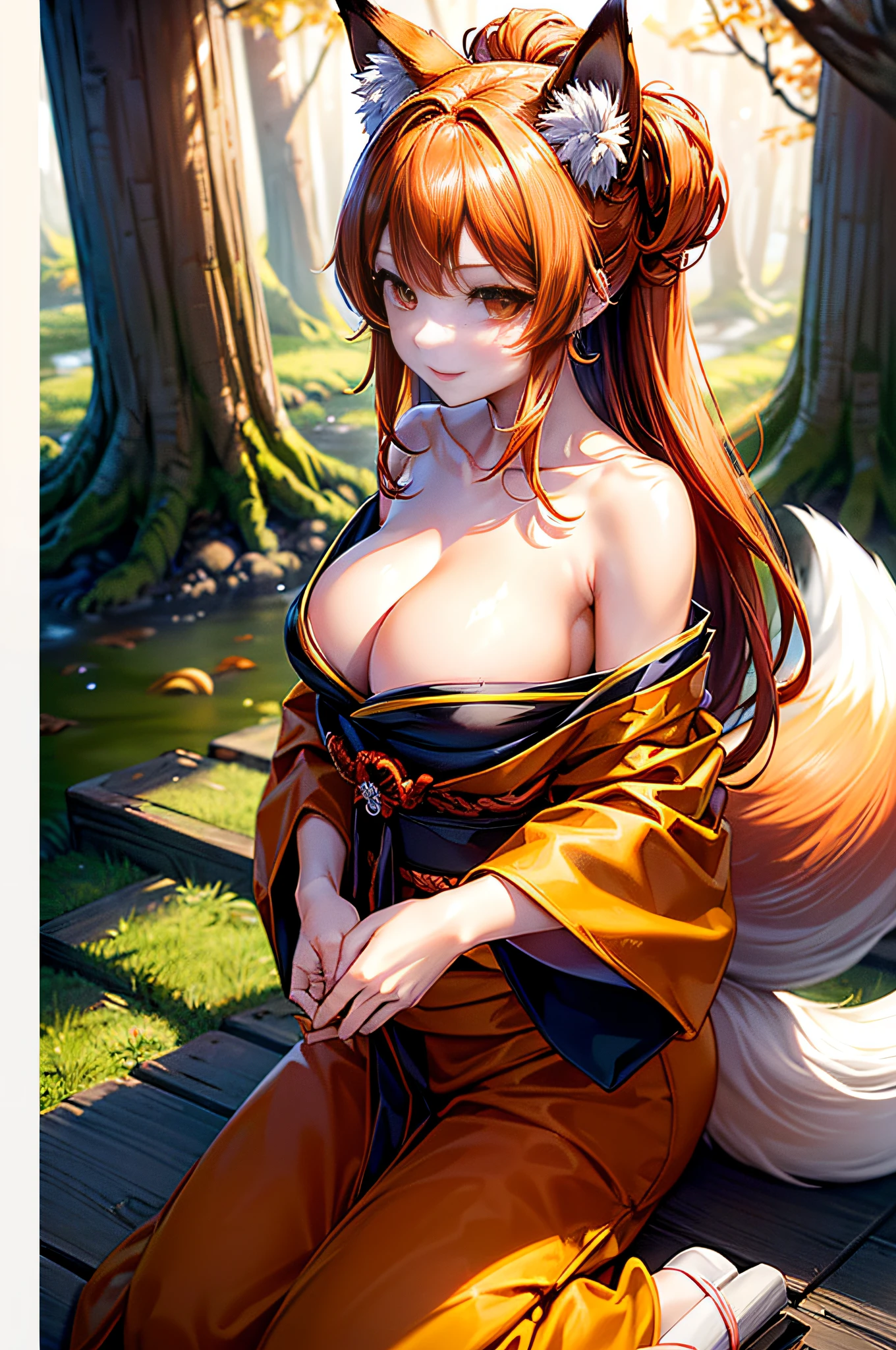 Two-shot photo of a girl and a fox,(Fantasia,Kitsune Yokai Four-Tailed Heavenly Fox,),(Girl and Fox Yokai: The Tale of the Four-Tailed Heavenly Fox),
(With a girl bent down deep in the forest and looking up,Fox Yokai Two-shot movie of a fox protecting a girl's back Poster of the four-tailed heavenly fox),
(natural soft light.)(Sunlight,),(Sunlight,),(Professional Lighting.),
(glossy light brown and orange two-tone color,,,Wave Shortcut Hair,disheveled hair,),japanese kimono,Geta,Cute round face red lipstick,A cute smile that makes the viewer happy,
autumn forest,Strong wind soaring over dead leaves
Digital Illustration,
(Photorealsitic:1.3),(Raw photo.),
(masutepiece,top-quality,Ultra-high resolution output image,)
(The 8k quality,),(Image Mode Ultra HD,),(Image Mode Ultra HD,),(Sea Art 2.1:1.3,),Japan Anime Fantasy,