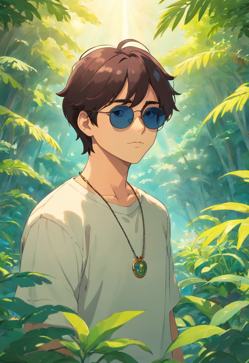 Boy with sunglasses on his head、Long necklace、 In the style of a tranquil garden landscape, colorful animation stills, Dark brown hair color, paul gauguin,Embry style, Honest portrayal