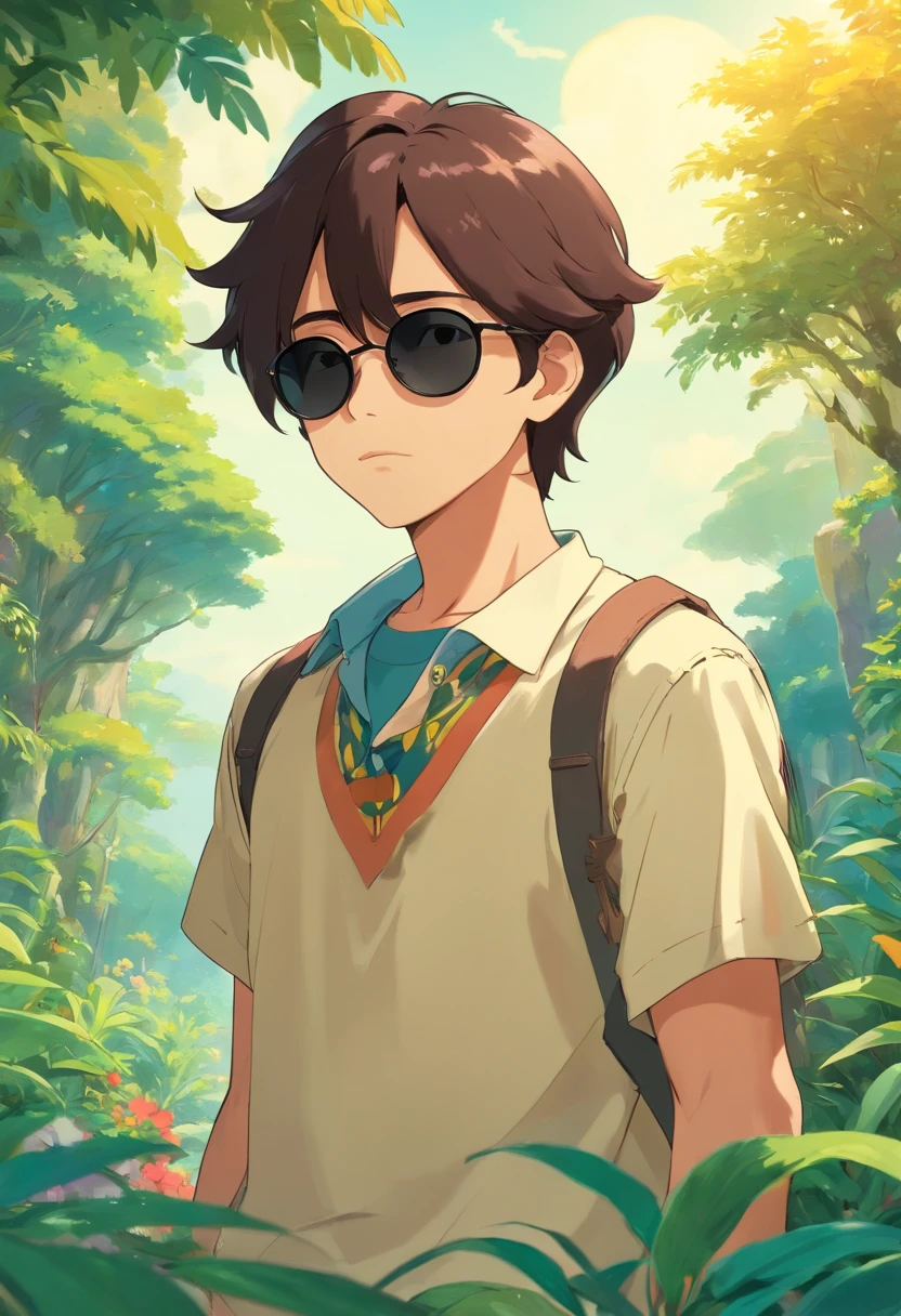 Boy with sunglasses on his head、Long necklace、 In the style of a tranquil garden landscape, colorful animation stills, Dark brown hair color, paul gauguin,Embry style, Honest portrayal