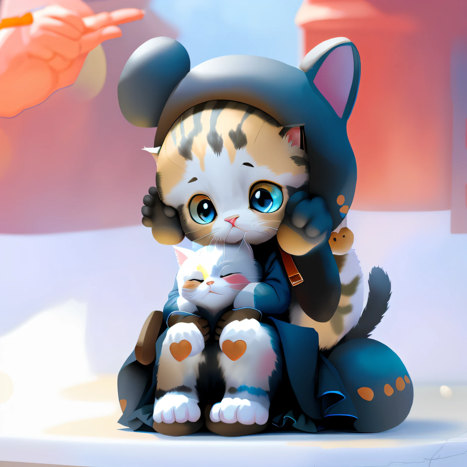 The cat holding the cat in his hand looks in the direction of the palm,Poor and cute look