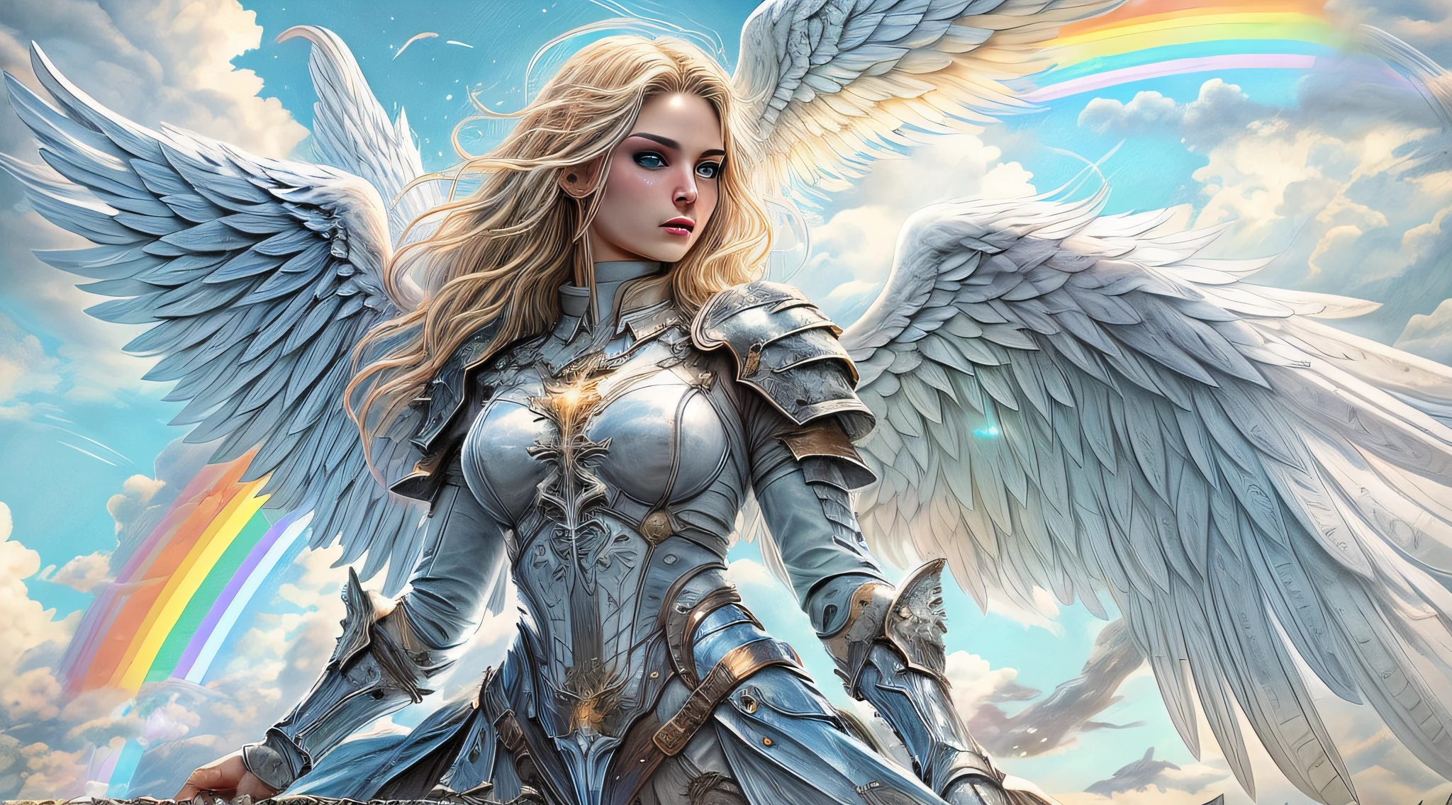 high details, best quality, 16k, [ultra detailed], masterpiece, best quality, dynamic angle, ultra wide shot, RAW, photorealistic, fantasy art, realistic art, a picture of an archangel flying in a the sky with an epic (rainbow: 1.4) between the clouds, fantasy art, RPG art, a a full distance shot, full body, an  epic beautiful female archangel, blond hair, long hair, (wavy hair: 1.2), (blue eyes: 1.2), intense eyes  (best detailed face: 1.3), (ultra feminine: 1.3) spread angelic wings angel_wings, wearing heavy armor, (with glowing divine sigils: 1.2), light clouds in the background, a  n epic (rainbow: 1.5)  between the clouds, 16k, ultra detailed, masterpiece, best quality, ultra detailed, full body, ultra wide shot, photorealistic,
