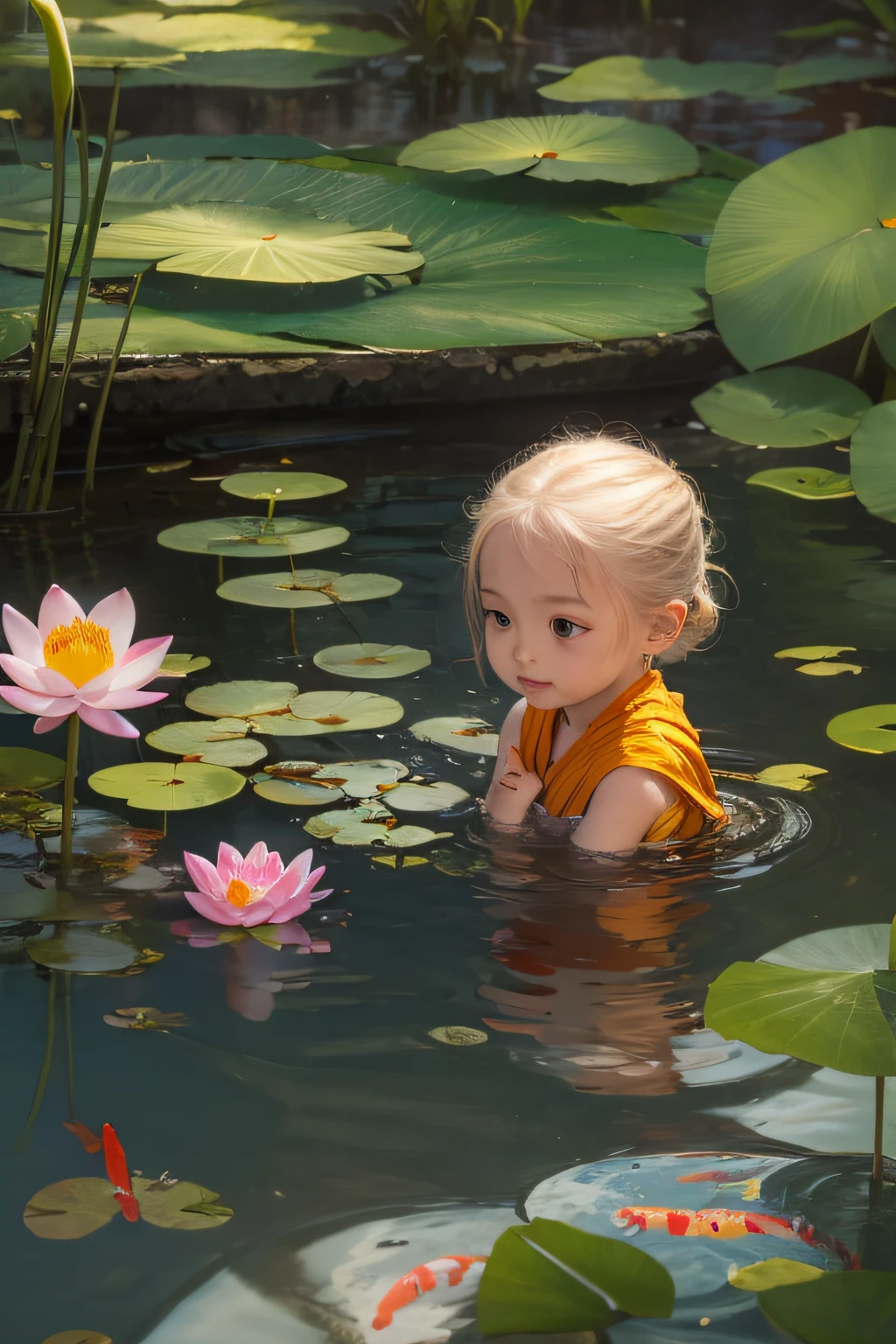 A monk lying happily by the pond,Curiously looking at a few koi in the water,Lotus flowers bloom in the pond,Warm and warm atmosphere,rays of sunshine