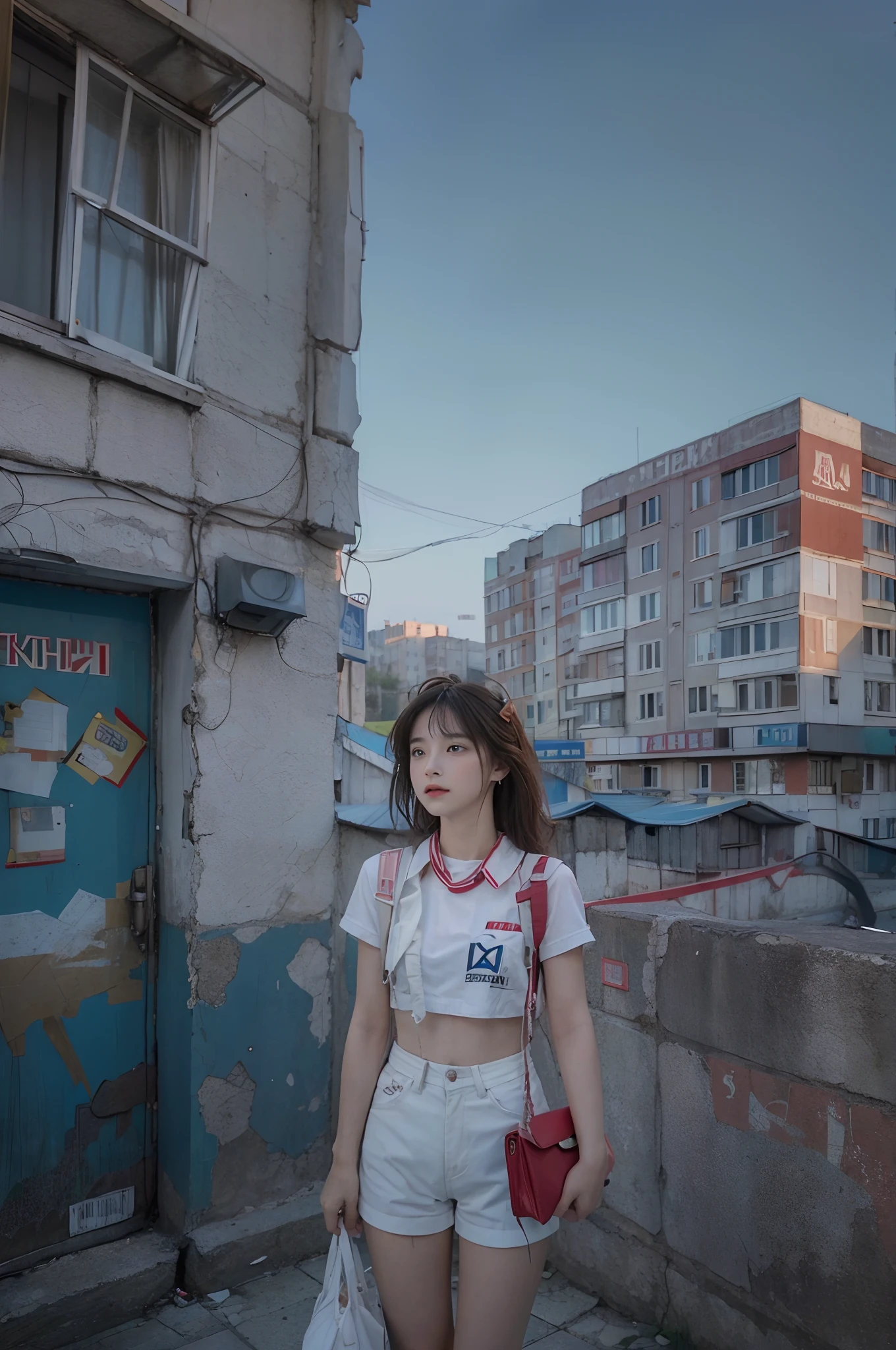 Time-lapse image on the background of a public apartment in Russia、Intersection of two time axes、Late summer photos、Images depicting different scenes of a teenage girl venturing through a Russian public house in the summer of the 1990s and 2020s. She is seen standing, Dancing, Posing、Tempting、With mixed emotions、Randomly select multiple emotions、Sounds like fun、sadly、In love、Staring at you、Eta、Gaze beyond these situations to the sky, Each represents a blend of past and future moments. The transition between eras is mesmerizing, With a perspective intertwined in a harmonious mix of nostalgia and futurism. The scene is、It is necessary to emit optimism and scathing sentimentality, Recognizing the girl's time experience as fluid, Interconnection phenomenon、masterpiece