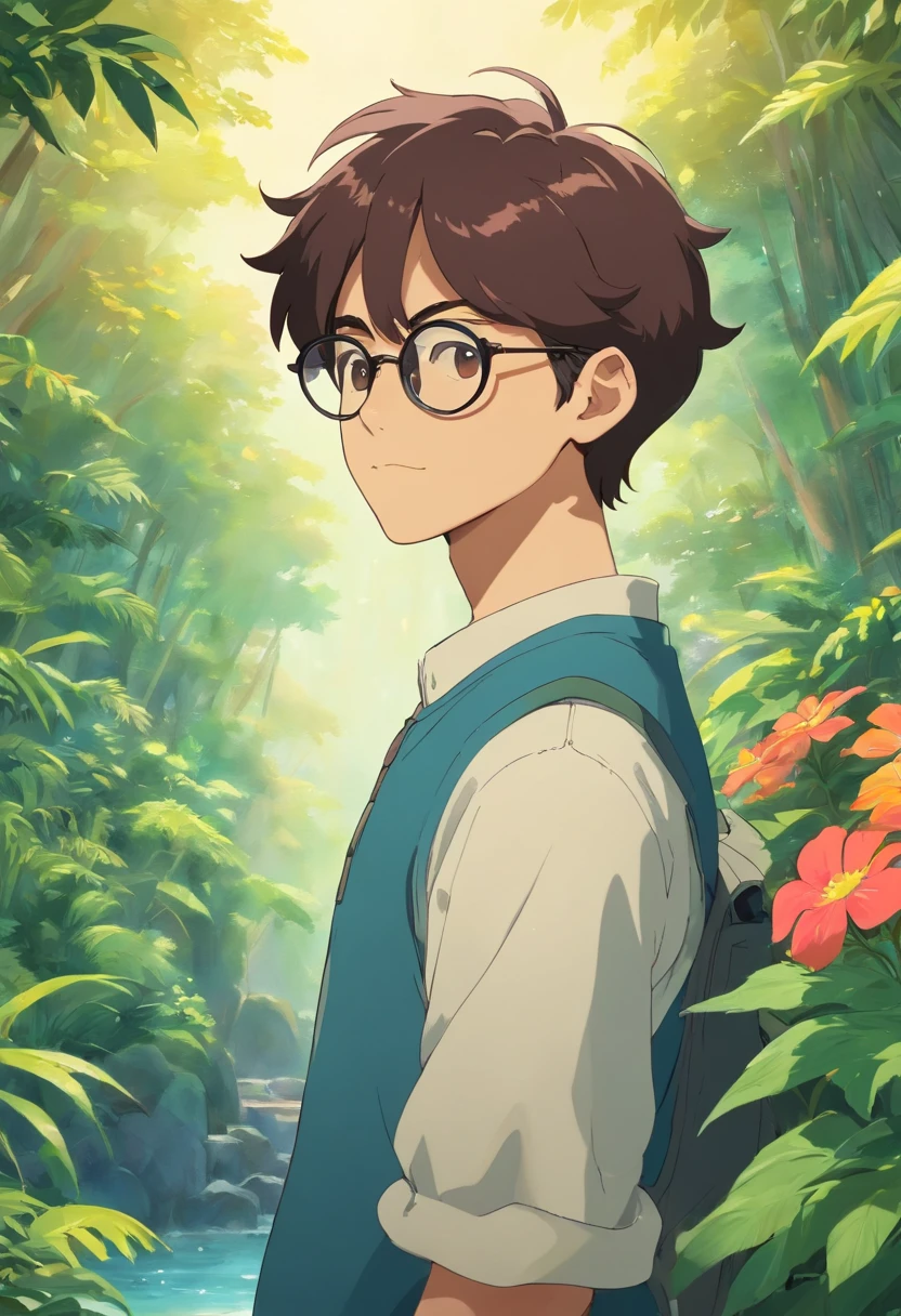 Boy with sunglasses on his head、An elite who can work、 In the style of a tranquil garden landscape, colorful animation stills, Dark brown hair color, paul gauguin,Embry style, Honest portrayal