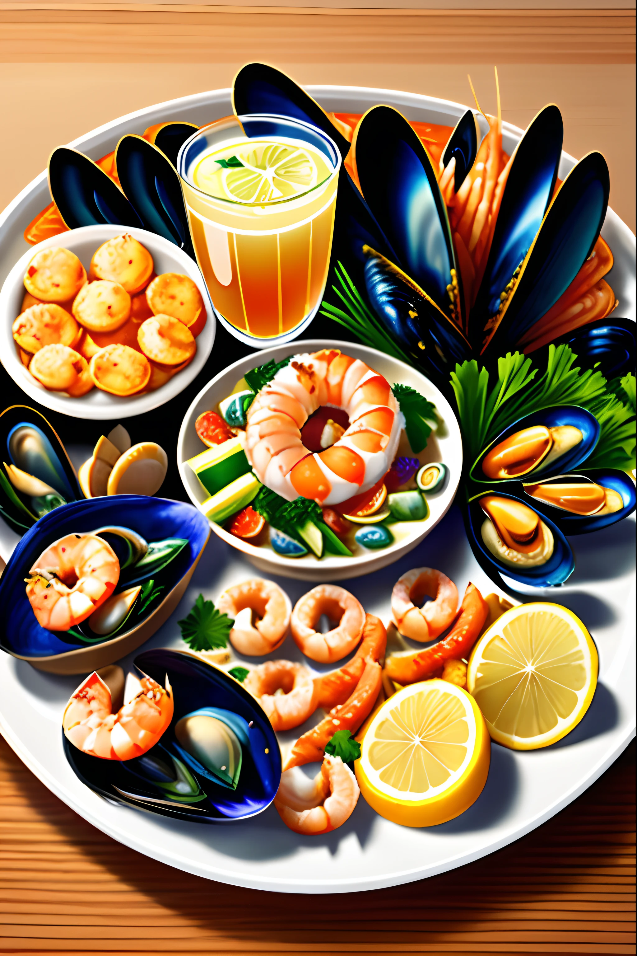 A seafood platter with a variety of fresh seafood of mussels and shrimp cocktail, printable --auto