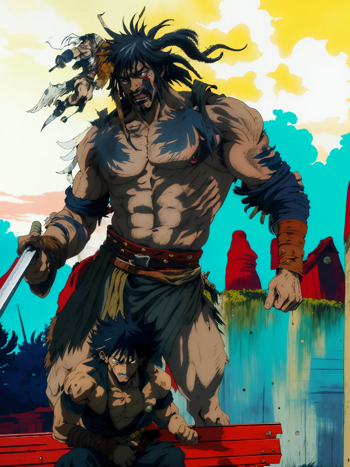 Painting of a man with a knife and a dog on a bench, Conan the Barbarian illustration, Lobo, afro samurai anime style, Inspired by Heinrich Clay, berserk art style, studio ghibly style mononoke, afro samurai manga style, colored screentone, Afro Samurai style anime, Hailiku's artwork, comic digital art, mononoke, Conan