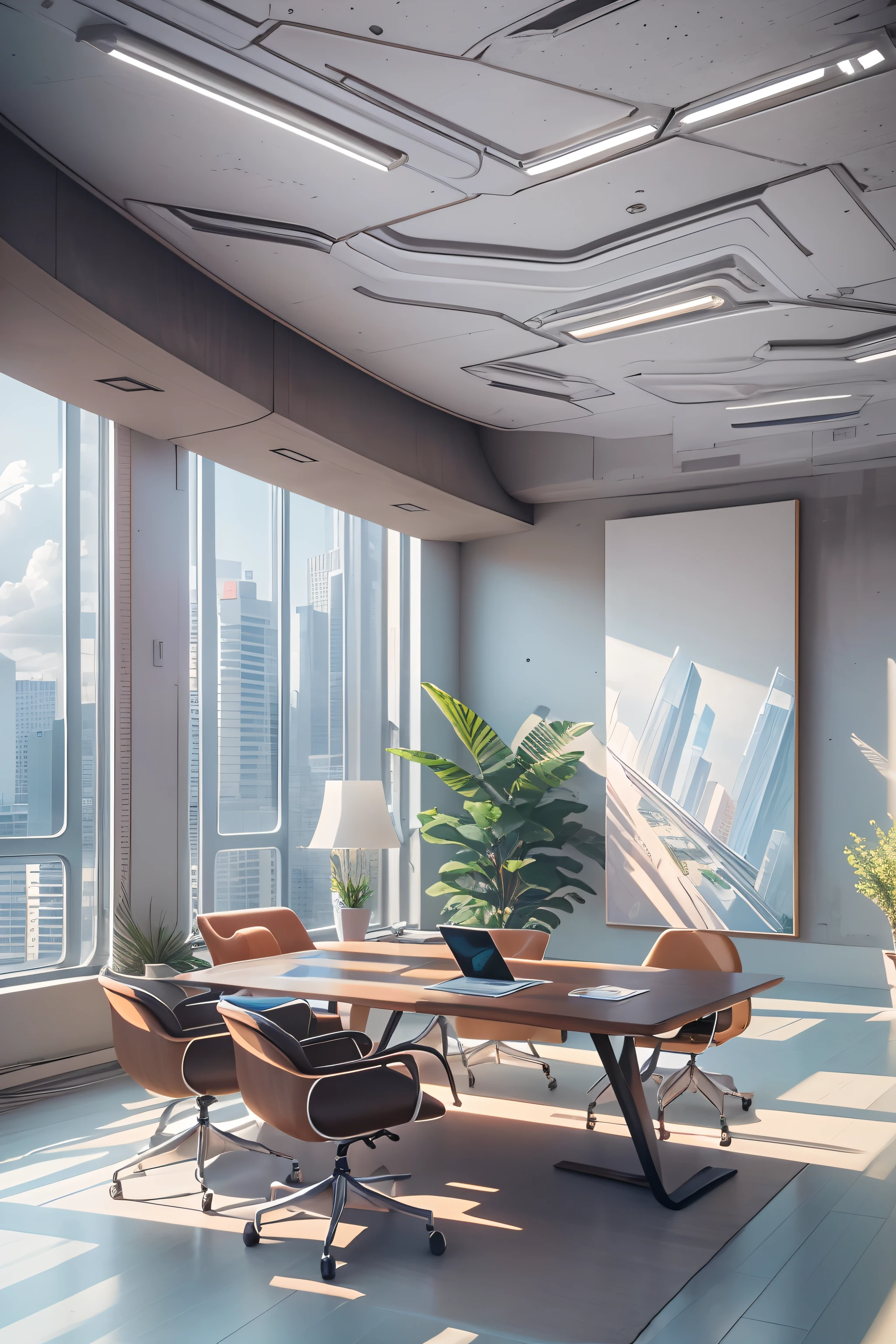 office room,There is a wall in the middle of the office,The painting on the wall is in the middle, Paintings on the walls, skyscape, Large airy windows, Zaha Hadid and Santiago Calatrava landscape panoramic style, Fish, Clear light, Edge lighting, Perfect image, Building summary style, 16k UE5. superfine, 8K, hdr, Product photography, Depth of field, Nikon D850, Ultra-realistic, no contrast, clean sharp focus, professional, No blurring